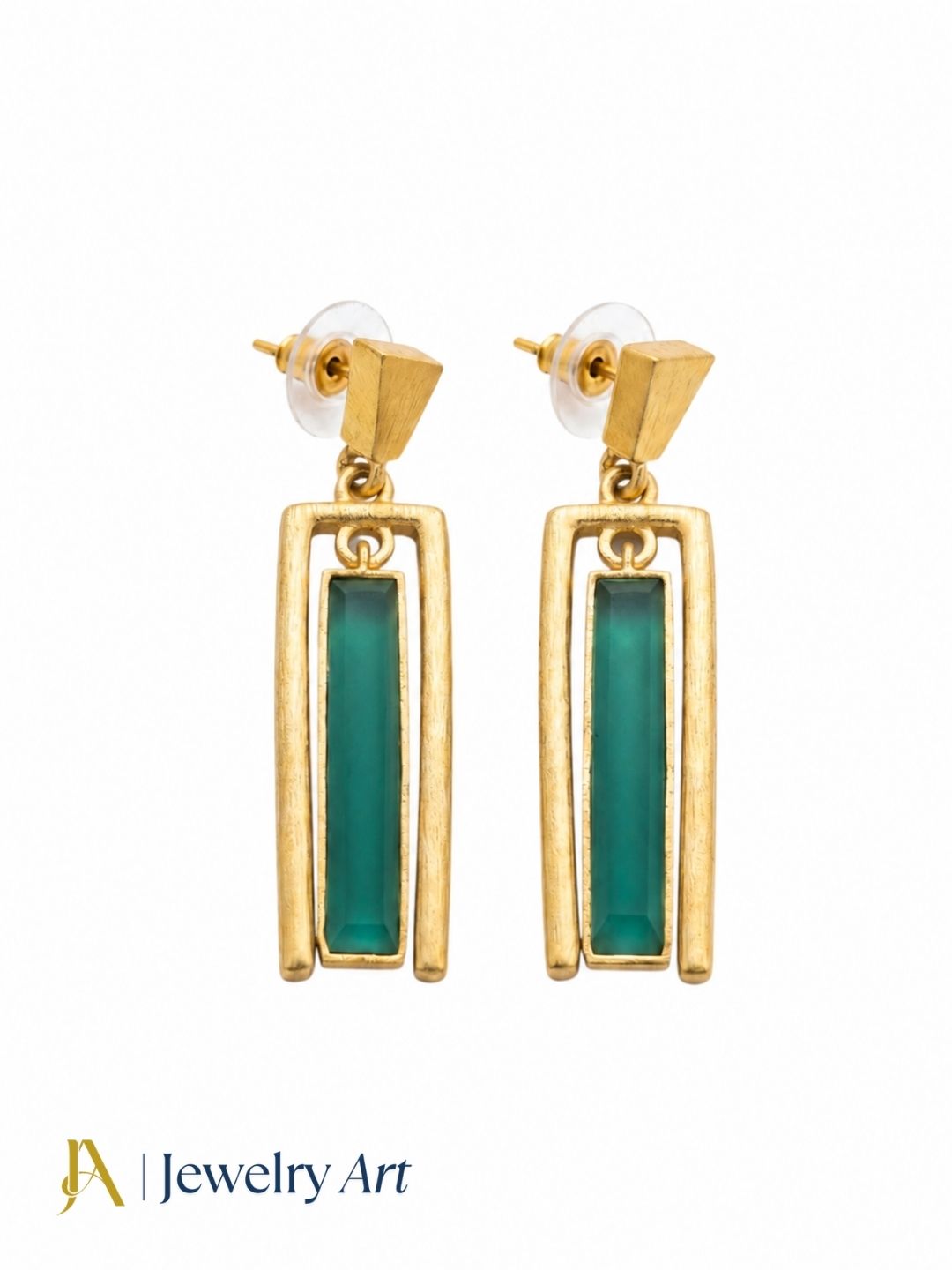 Side profile of model wearing gold plated aquamarine geometric designer dangle earrings showing clean architectural silhouette against neck
