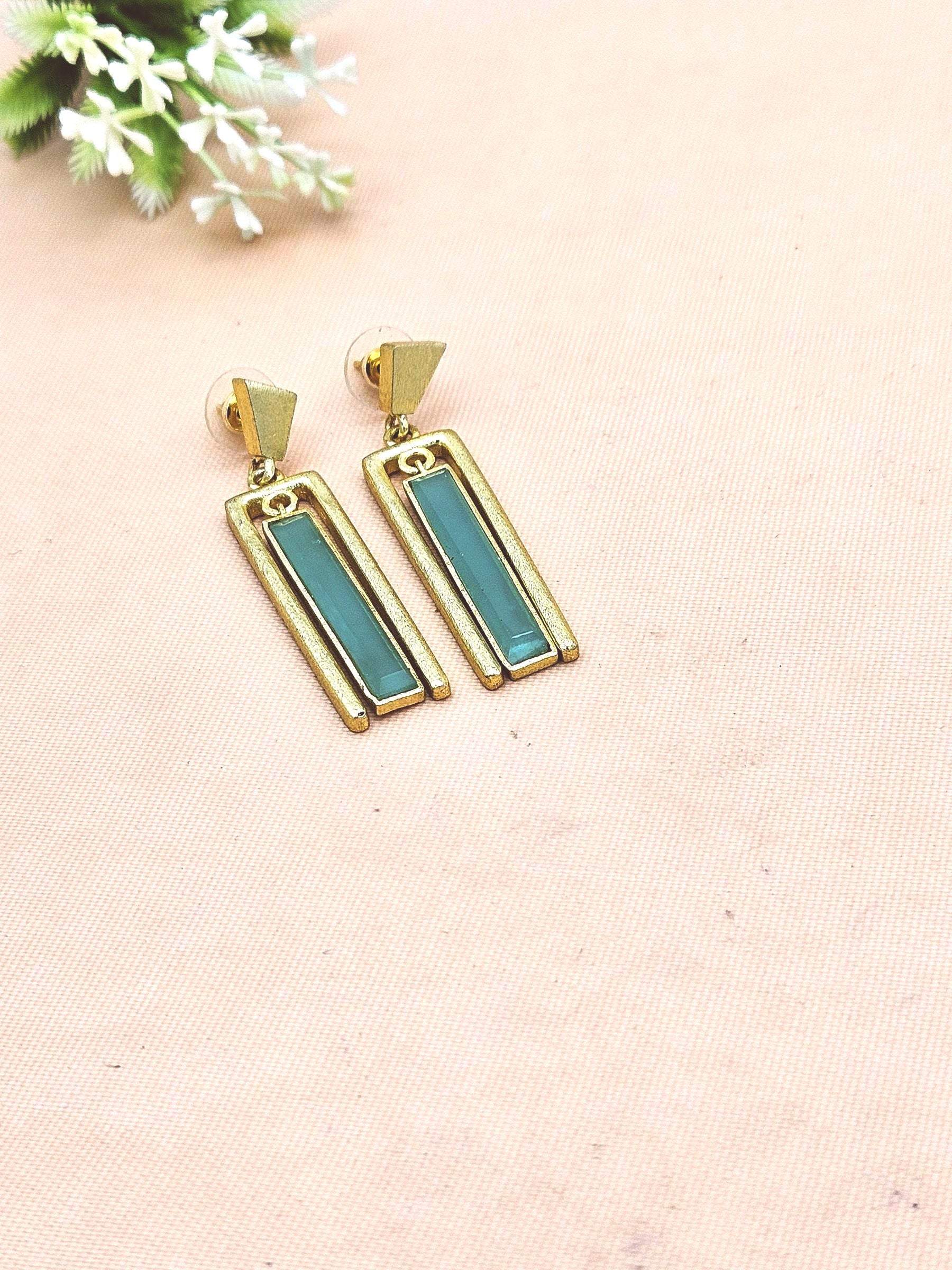 Contemporary Gold Plated Aquamarine Geometric Designer Dangle Earrings