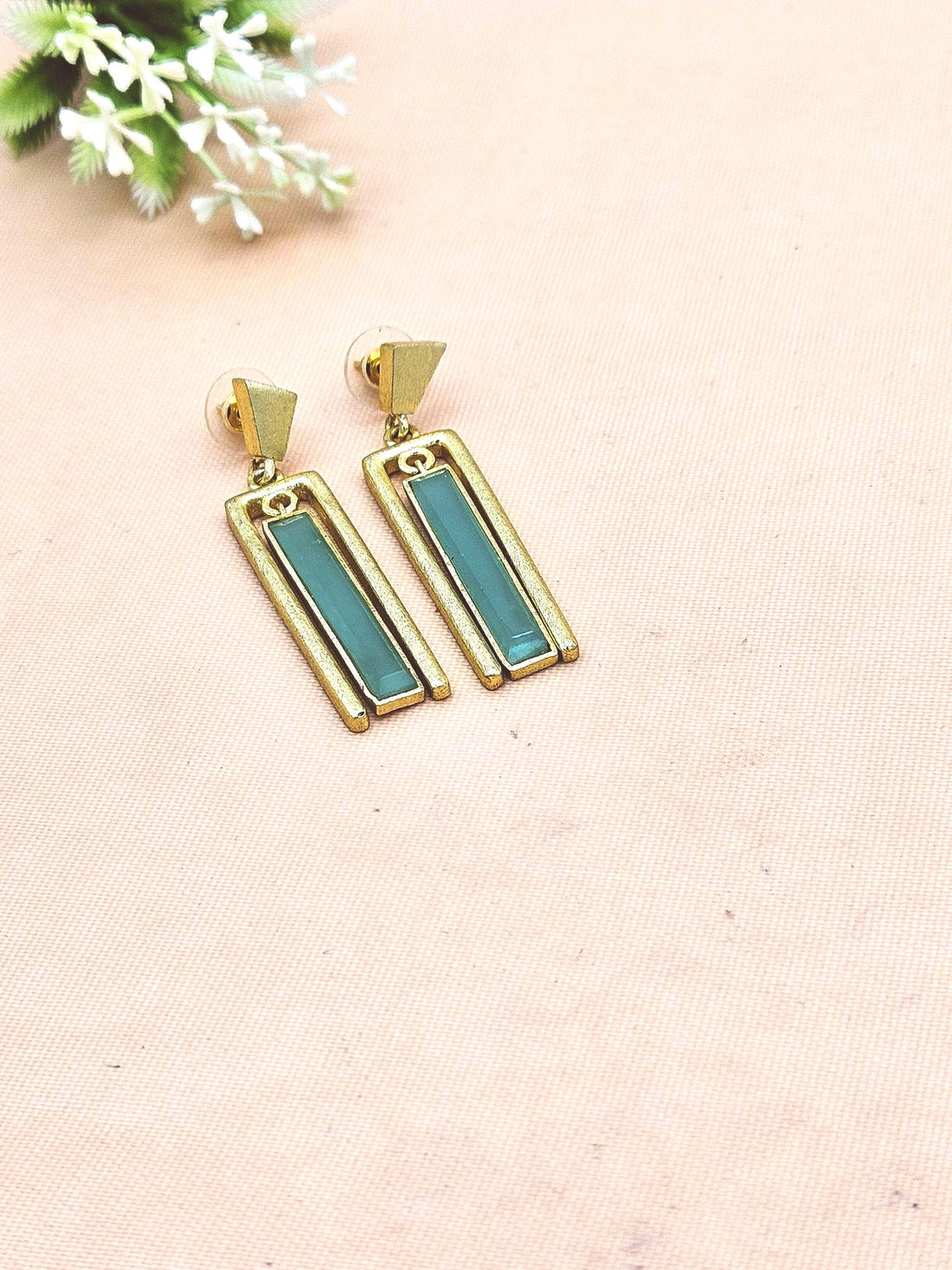 Contemporary Gold Plated Aquamarine Geometric Designer Dangle Earrings