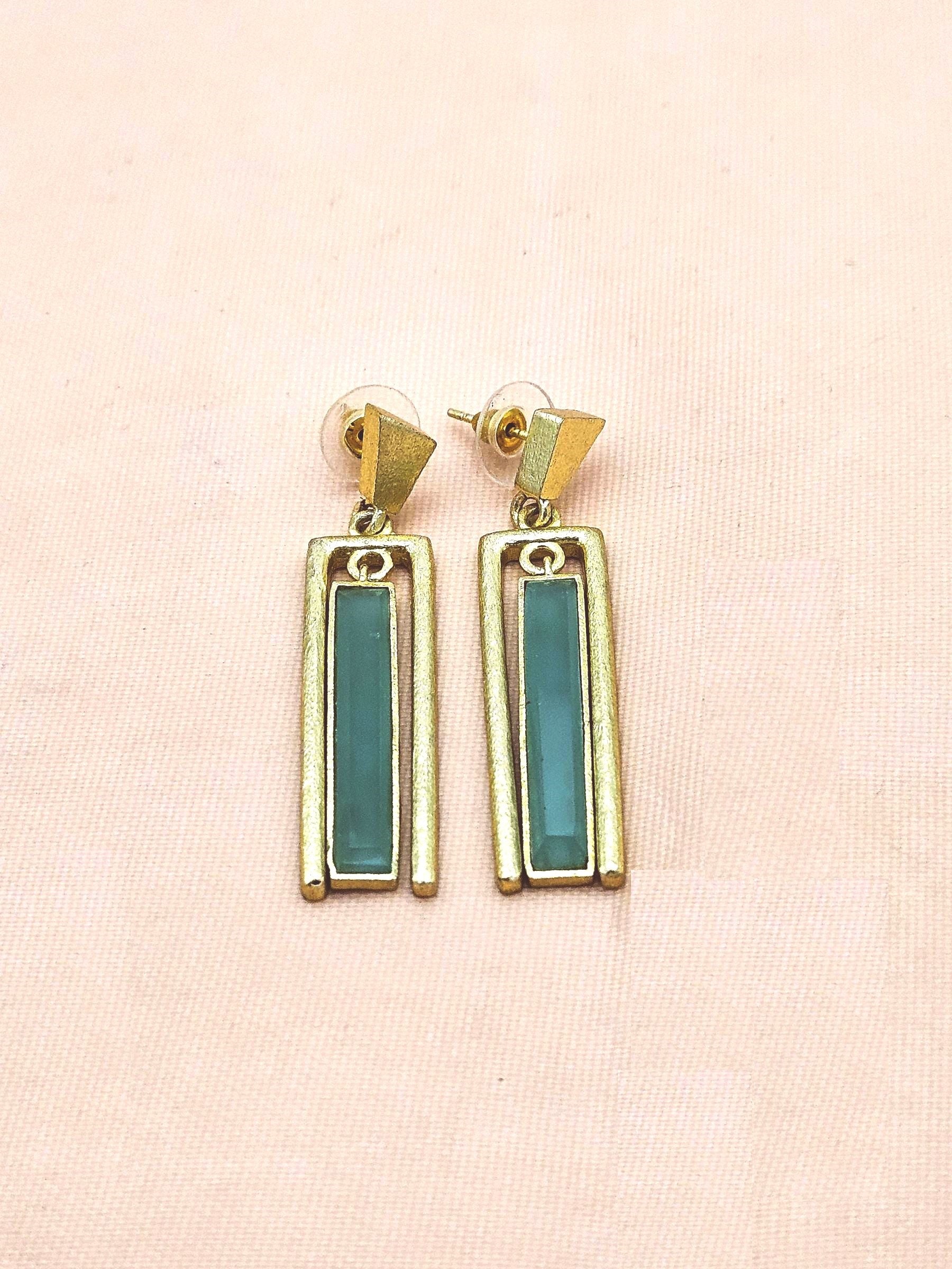 Contemporary Gold Plated Aquamarine Geometric Designer Dangle Earrings