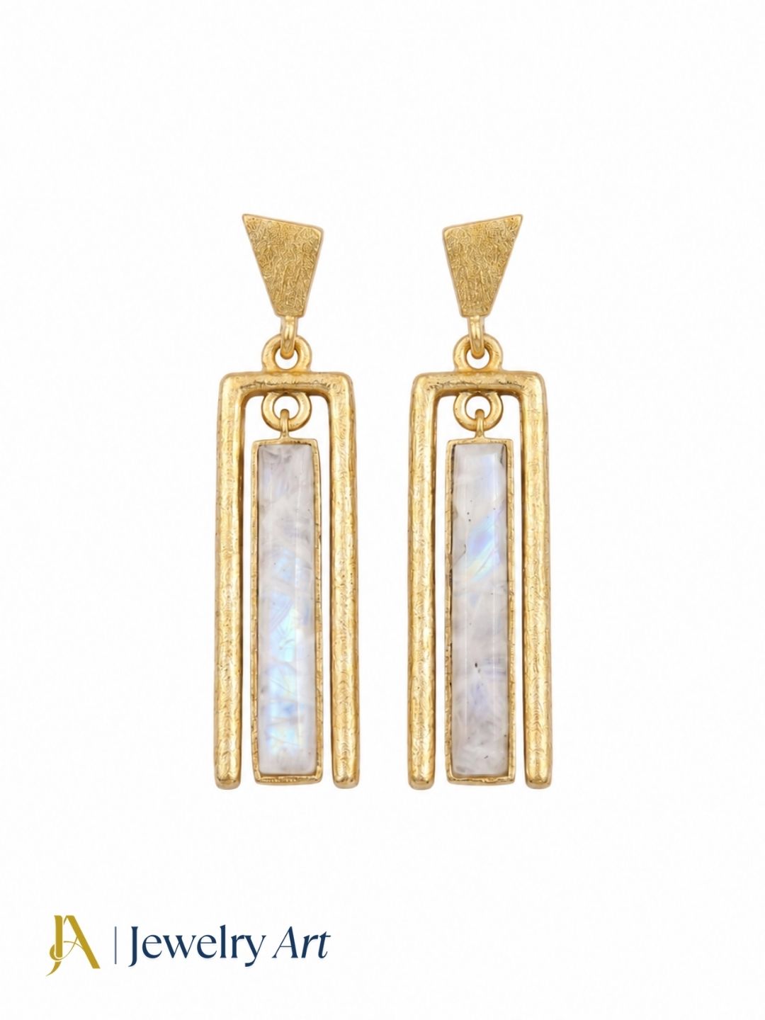 Macro close-up of iridescent white rainbow gemstone showing rainbow colour flash in geometric rectangular gold plated dangle drop earring on white background

