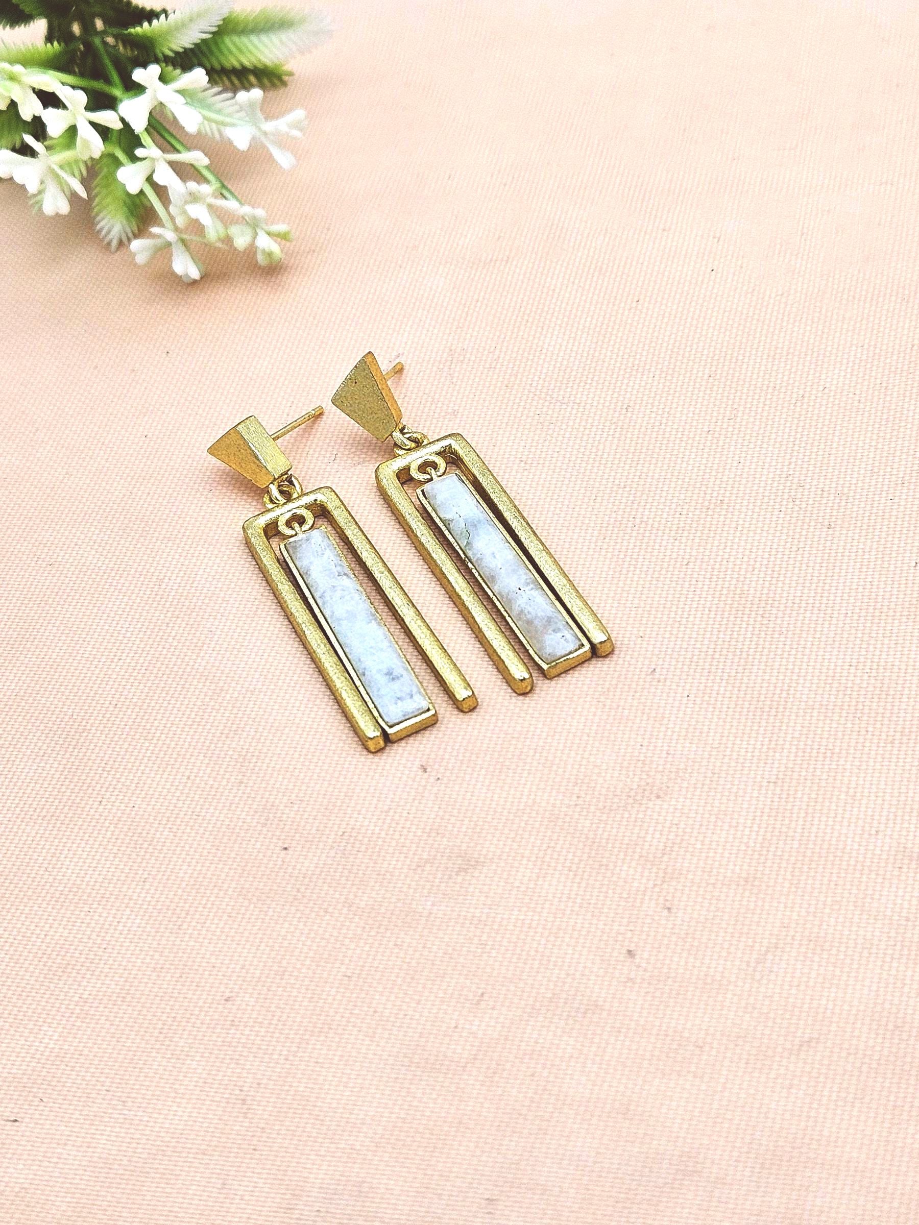 Handcrafted White Rainbow Gemstone Geometric Rectangular Designer Gold Plated Dangle Drop Earrings