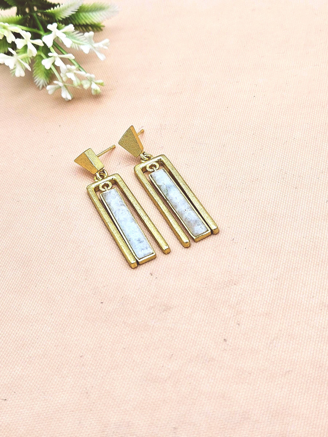 Handcrafted White Rainbow Gemstone Geometric Rectangular Designer Gold Plated Dangle Drop Earrings