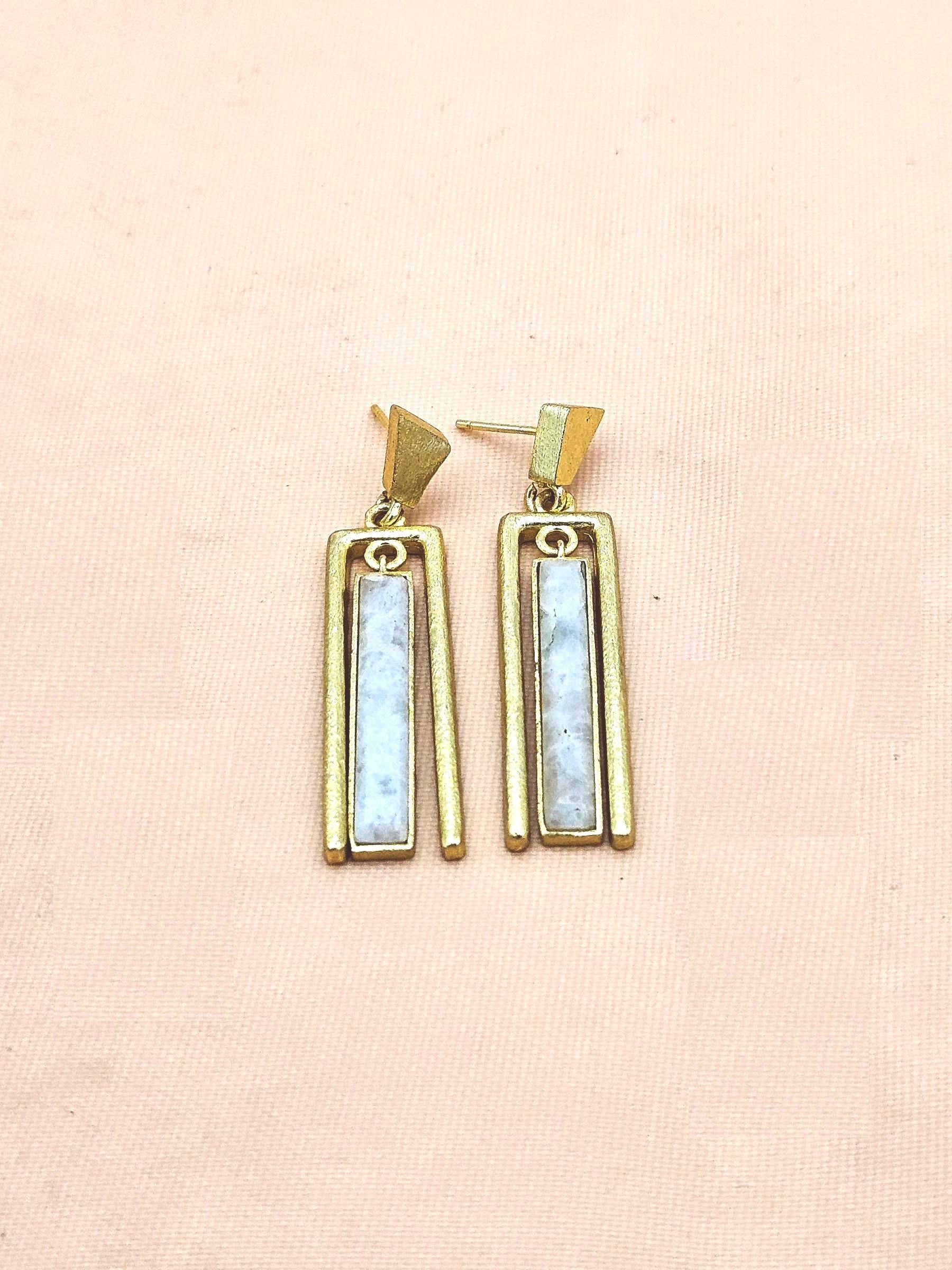 Handcrafted White Rainbow Gemstone Geometric Rectangular Designer Gold Plated Dangle Drop Earrings