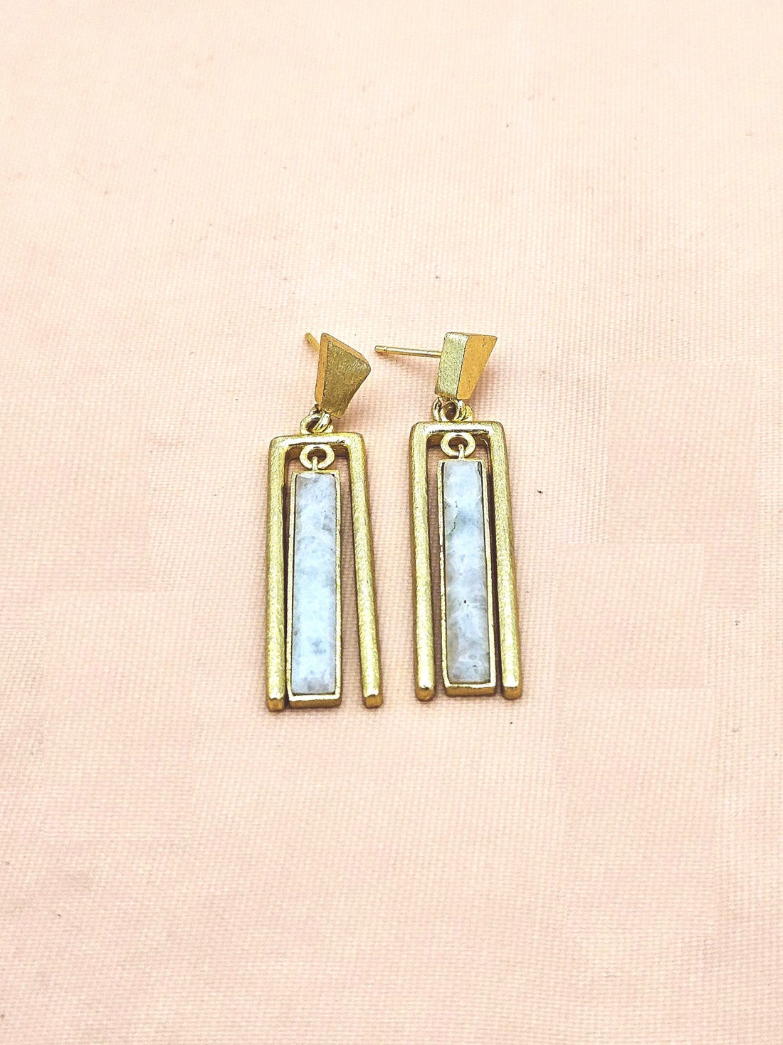 Handcrafted White Rainbow Gemstone Geometric Rectangular Designer Gold Plated Dangle Drop Earrings