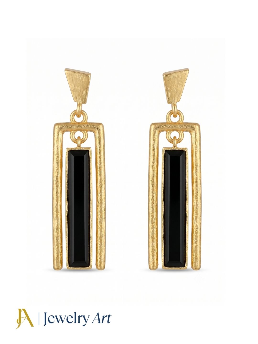 Handcrafted black onyx gold plated drop earrings featuring geometric design and elegant gemstone detailing
