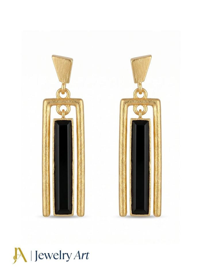 Handcrafted black onyx gold plated drop earrings featuring geometric design and elegant gemstone detailing
