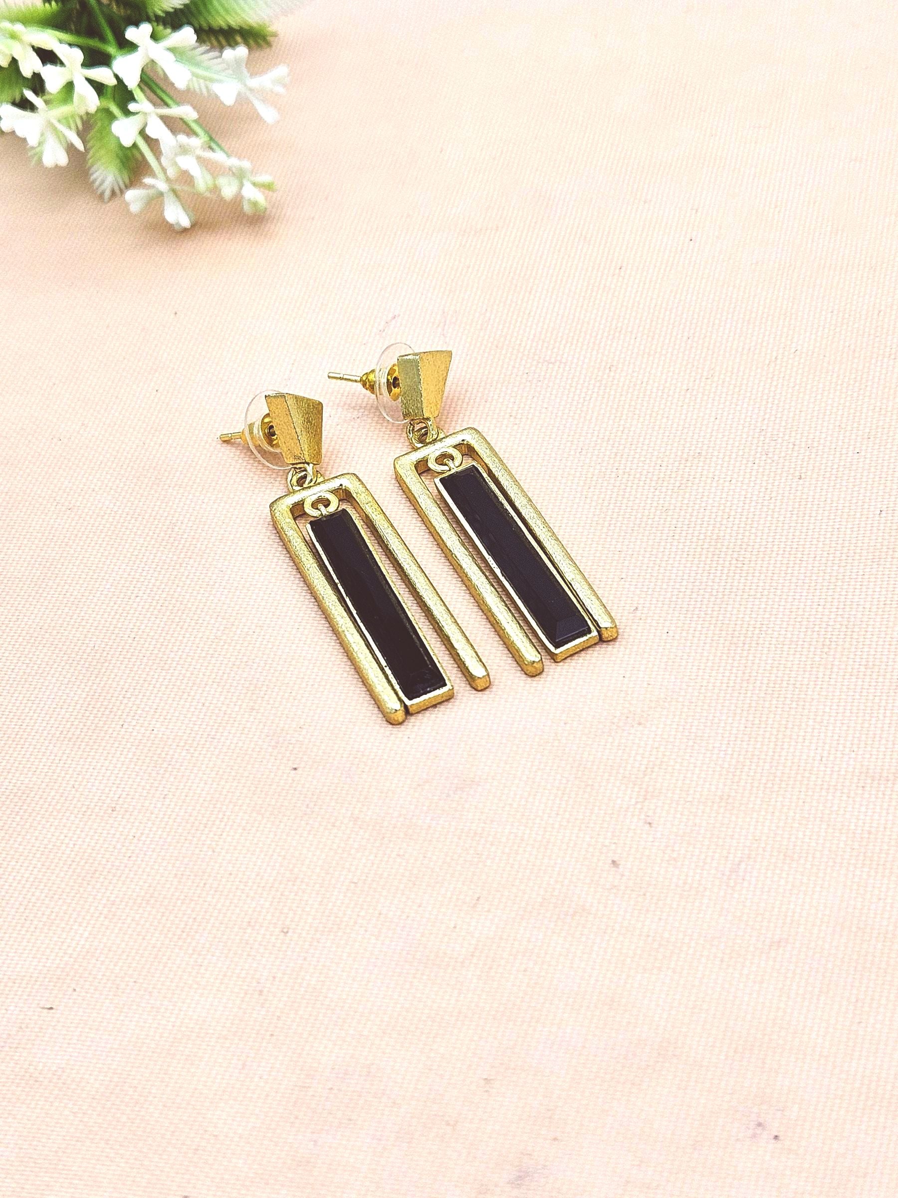 Stylish Geometric Black Onyx Gold Plated Dangle Earrings for Women