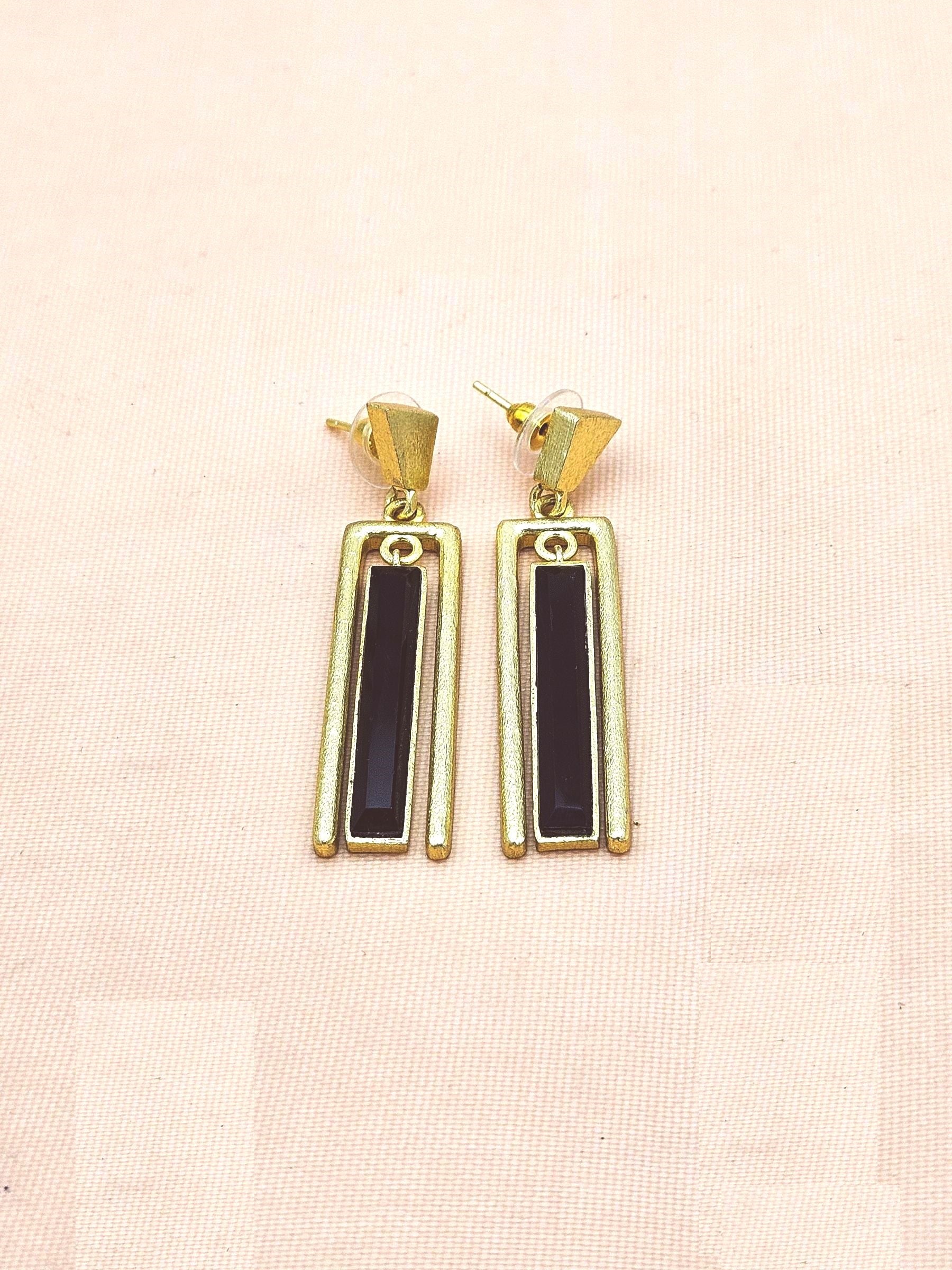 Stylish Geometric Black Onyx Gold Plated Dangle Earrings for Women