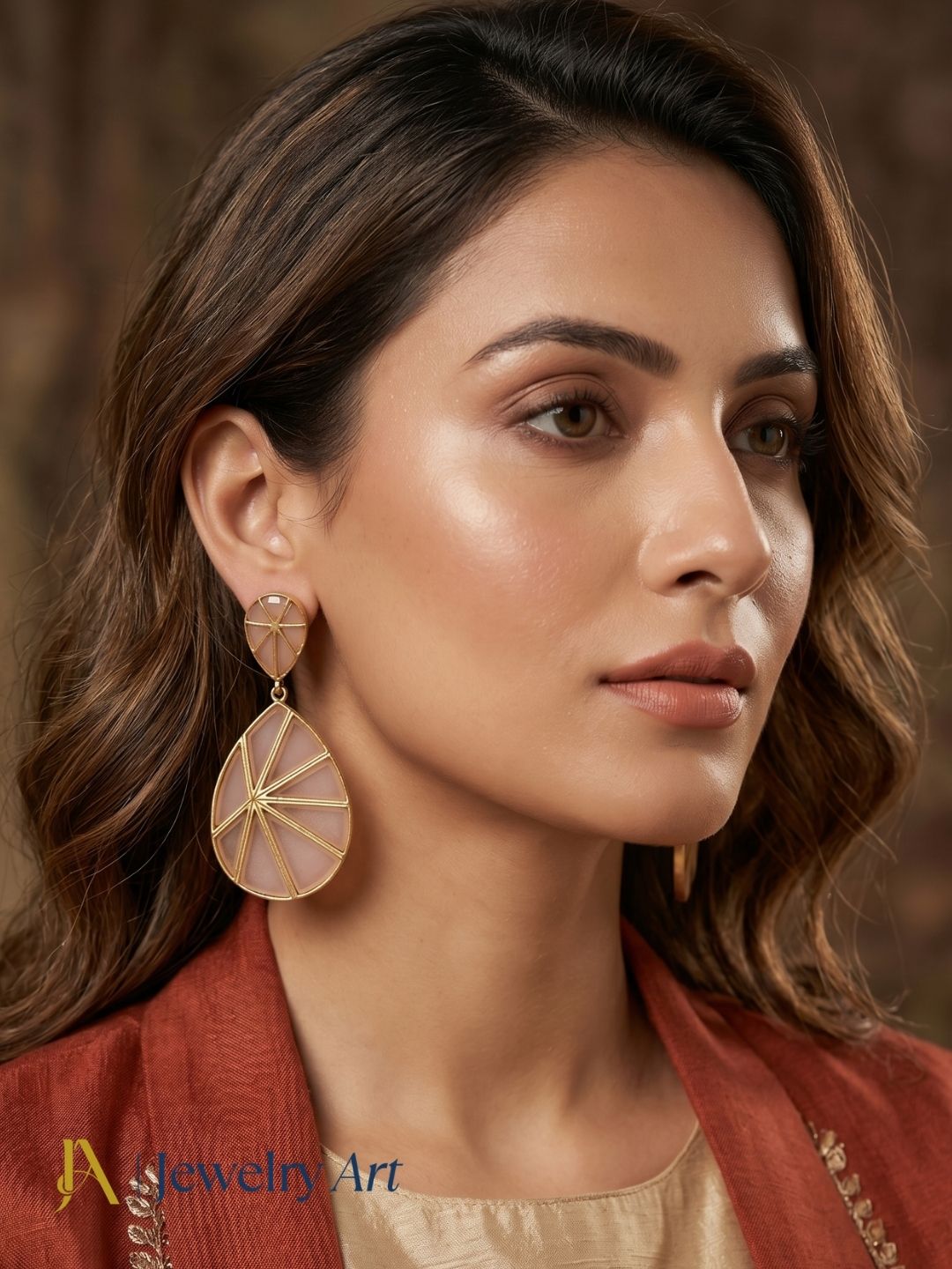 Beautiful handcrafted party wear earrings with matte finish and rose quartz embellishments
