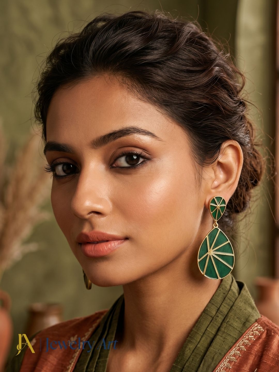 Designer gold plated earrings featuring artistic dark green onyx detailing
