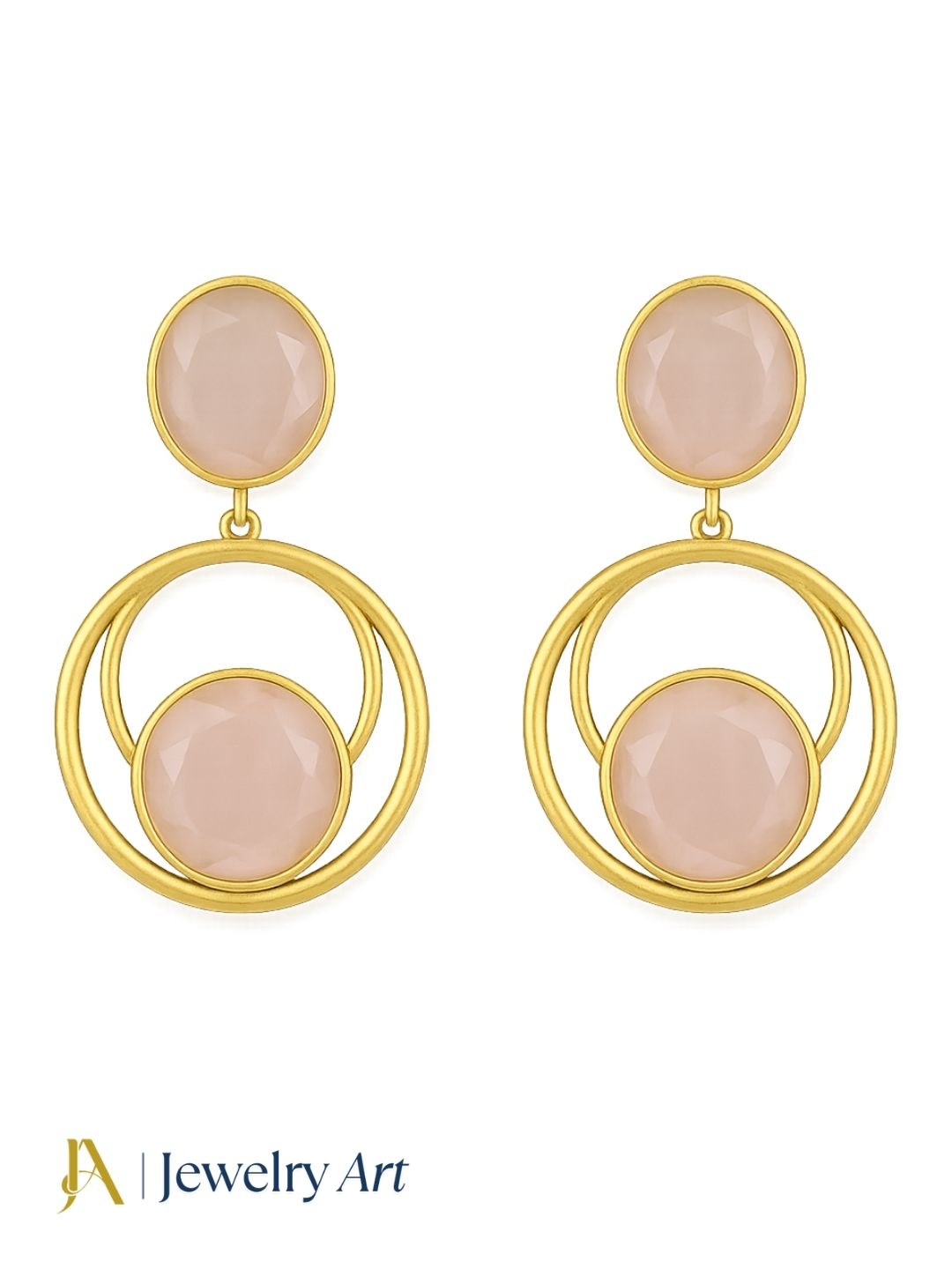 Gold plated Rose Quartz semi-precious gemstone lightweight dangle earrings isolated on pure white background.
