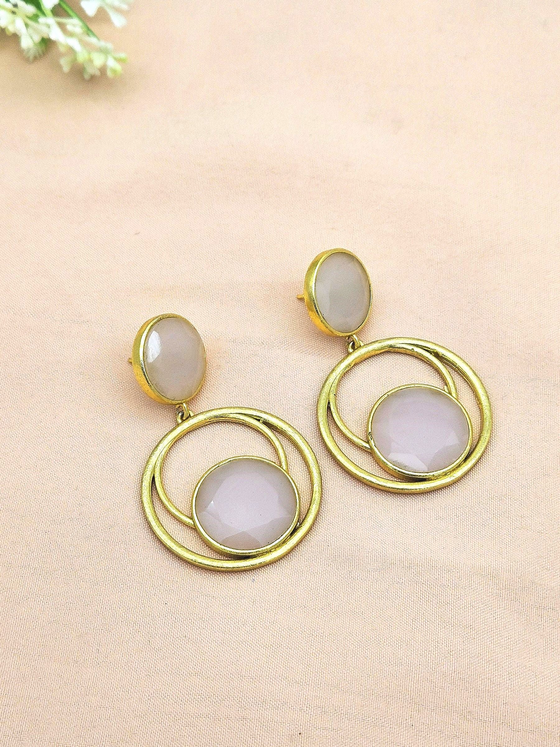 Awesome Gold plated Rose Quartz Semi Precious Gem Stone Cute Designer light Weight Dangle Drop Earrings