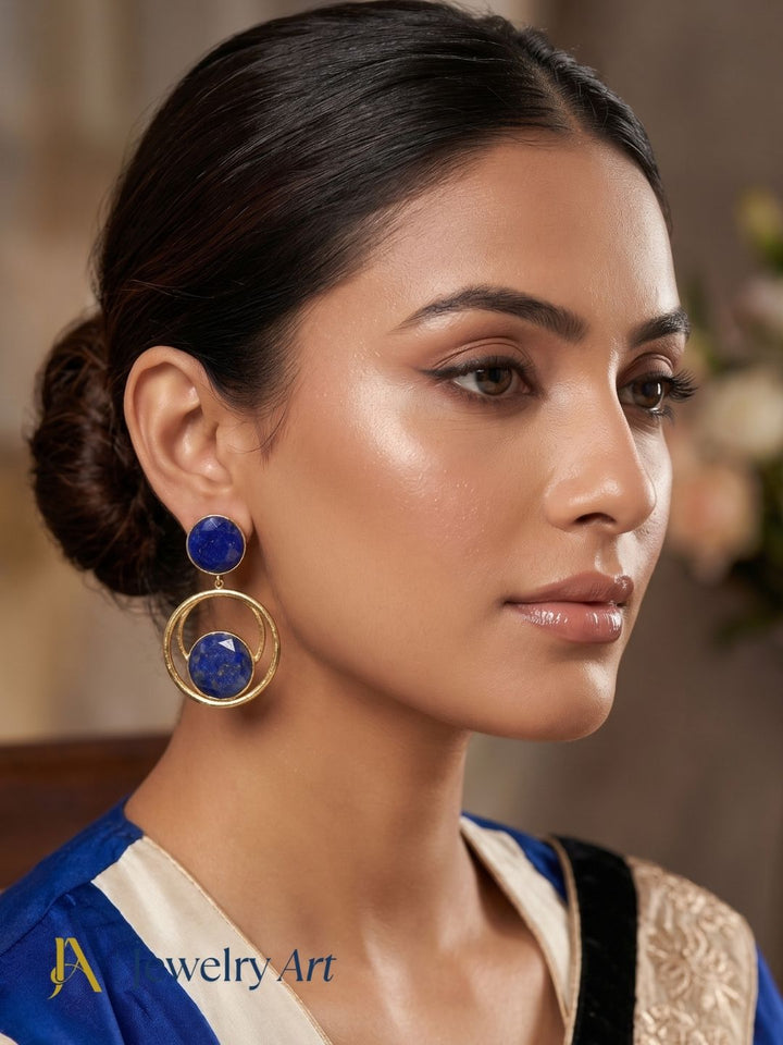 Model wearing artisan-crafted Lapis gemstone drop earrings
