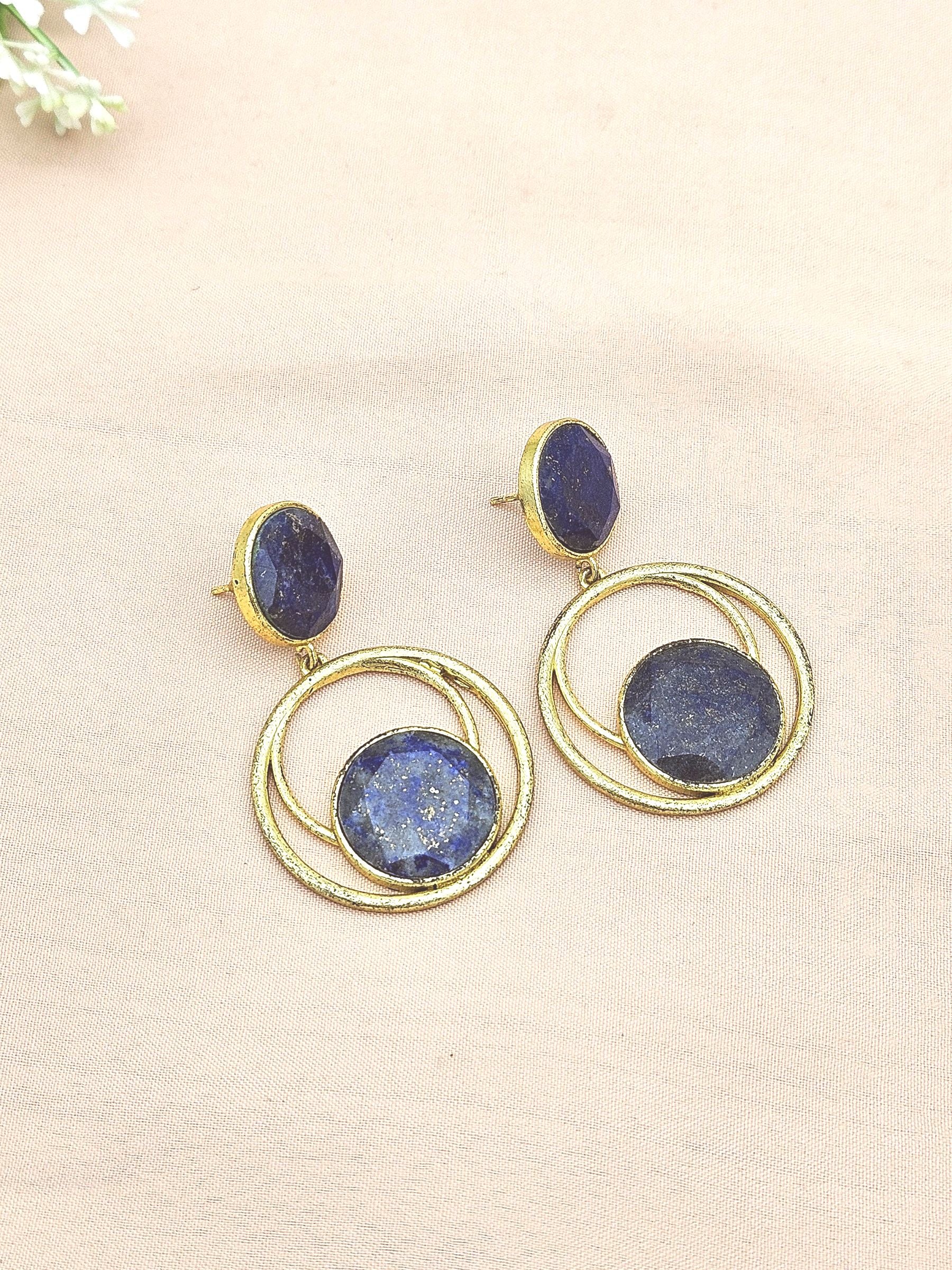 Awesome Gold plated Lapis Semi Precious Gem Stone Cute Designer light Weight Dangle Drop Earrings