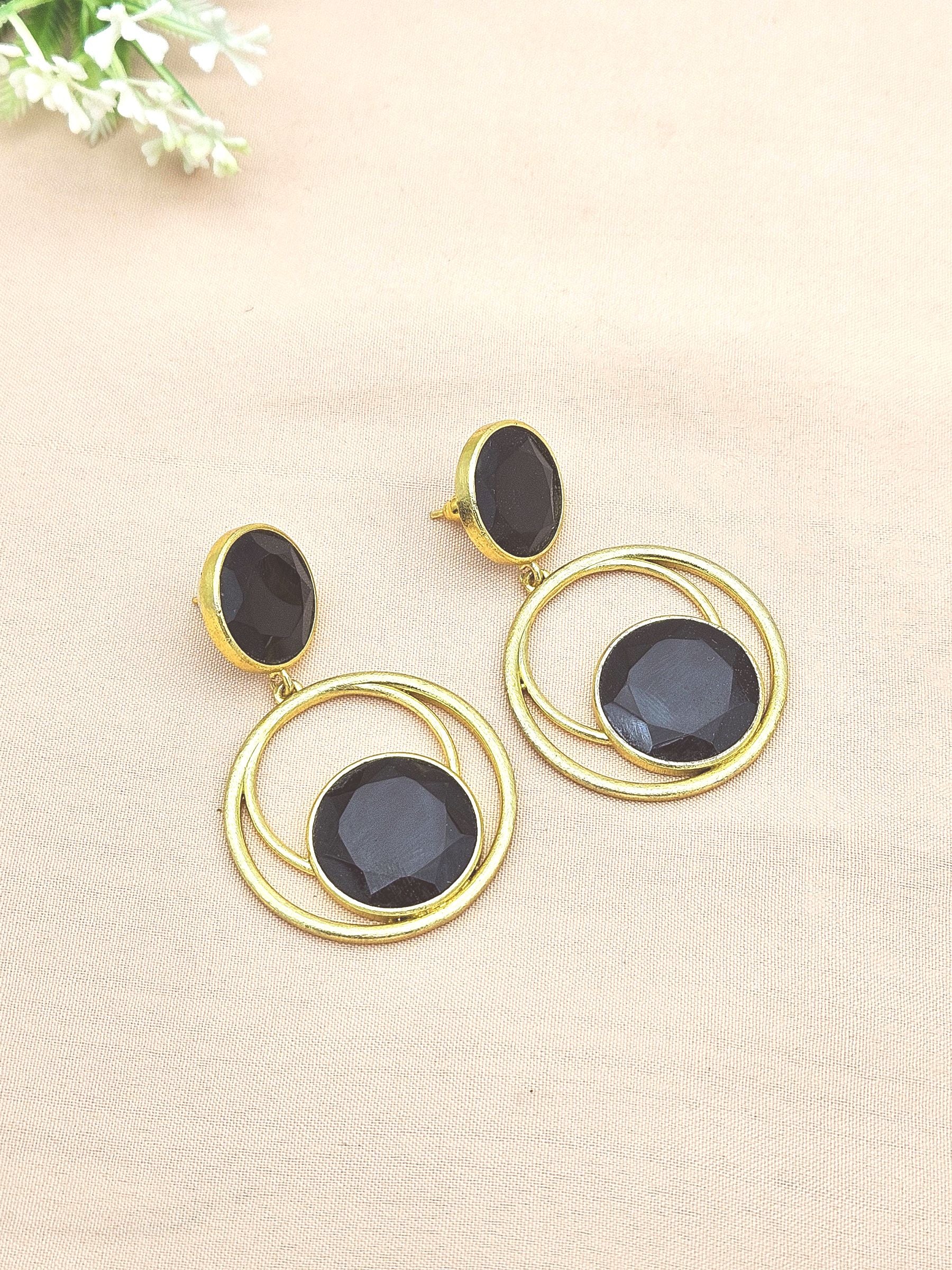 Awesome Gold plated Black Onyx Semi Precious Gem Stone Cute Designer light Weight Dangle Drop Earrings