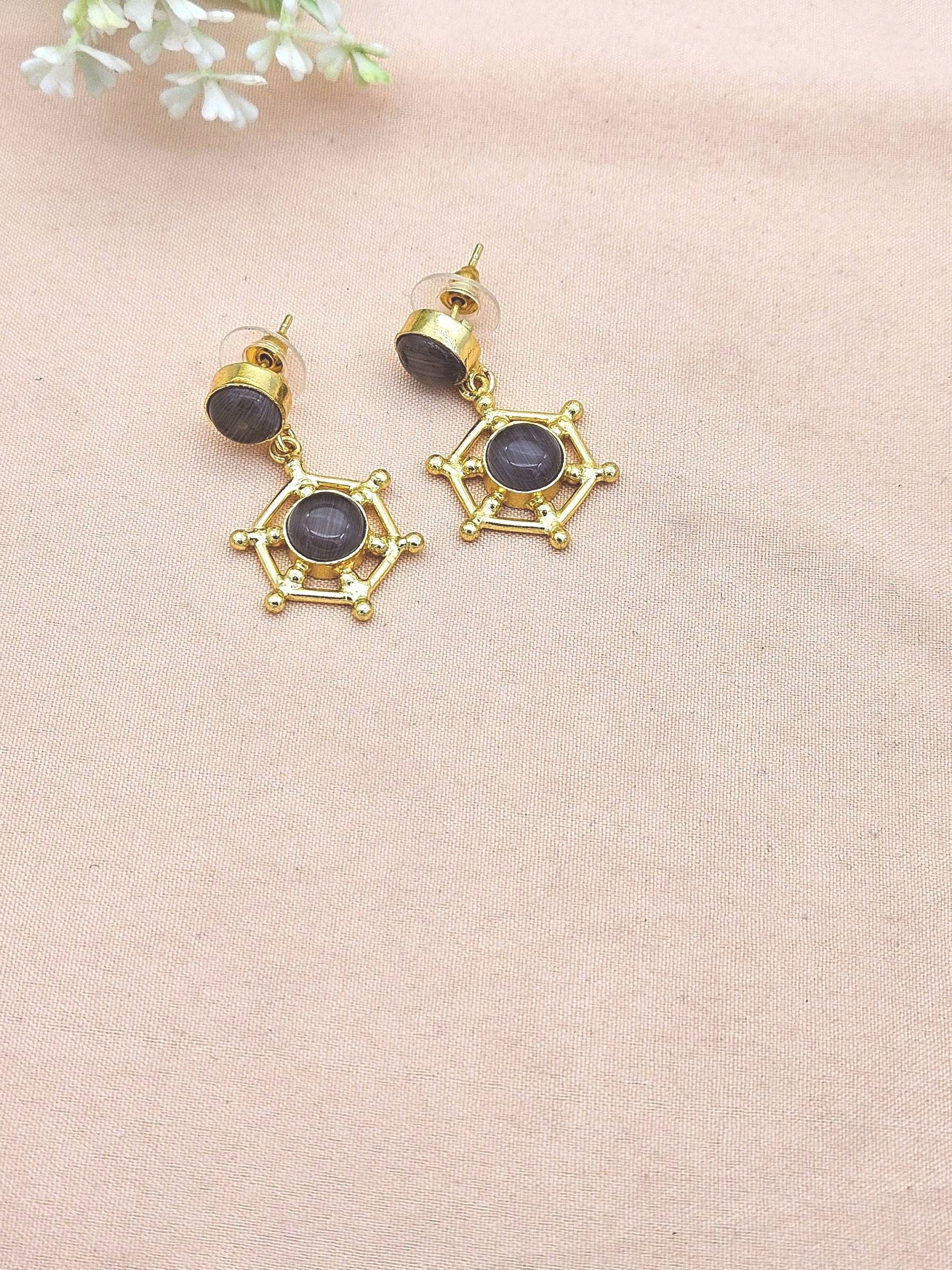 Gold Plated Brass Dangle Earrings – Imitation stone Floral Design Handcrafted Jewelry