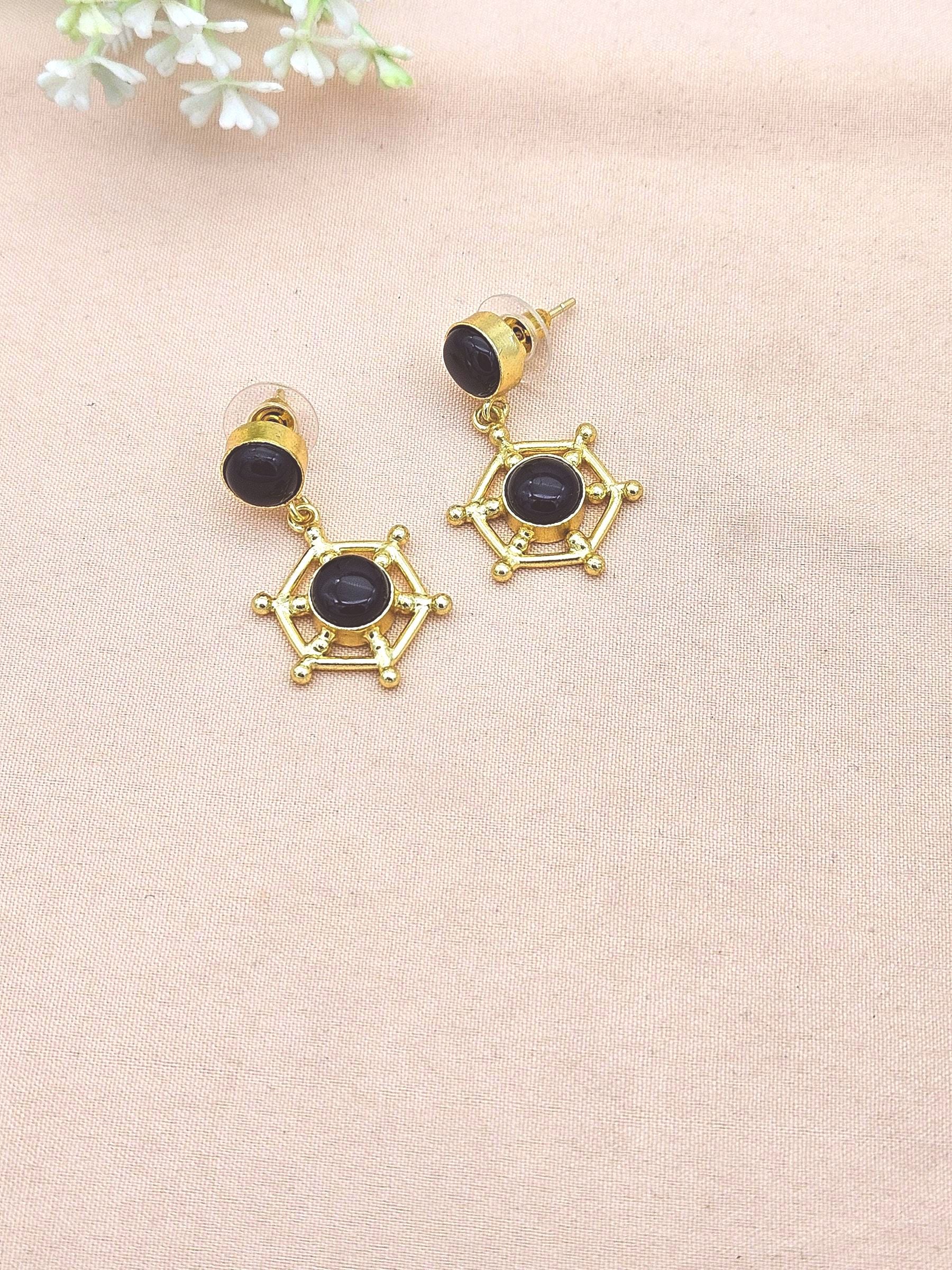 Gold Plated Brass Dangle Earrings – Imitation stone Floral Design Handcrafted Jewelry