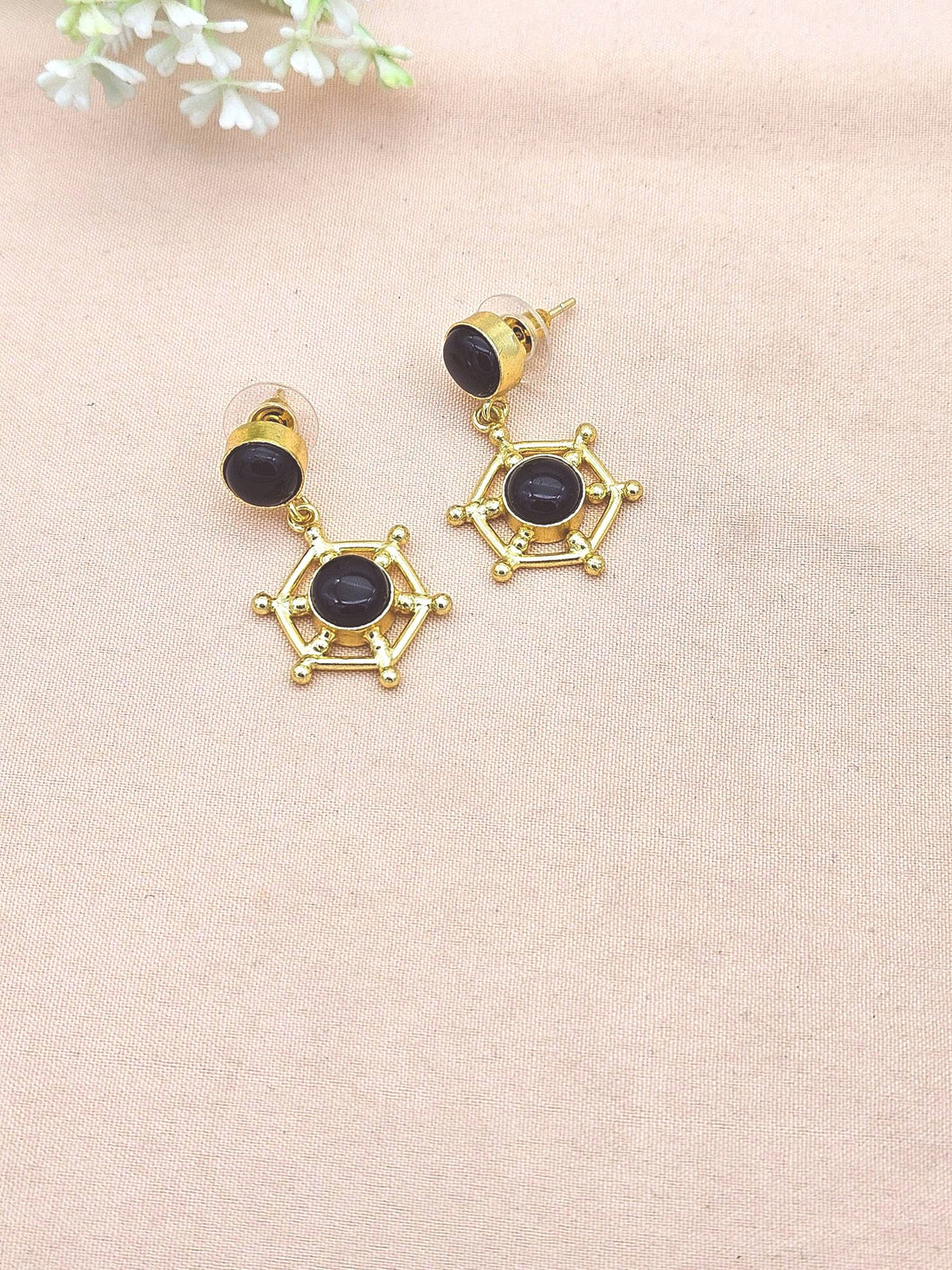 Gold Plated Brass Dangle Earrings – Imitation stone Floral Design Handcrafted Jewelry