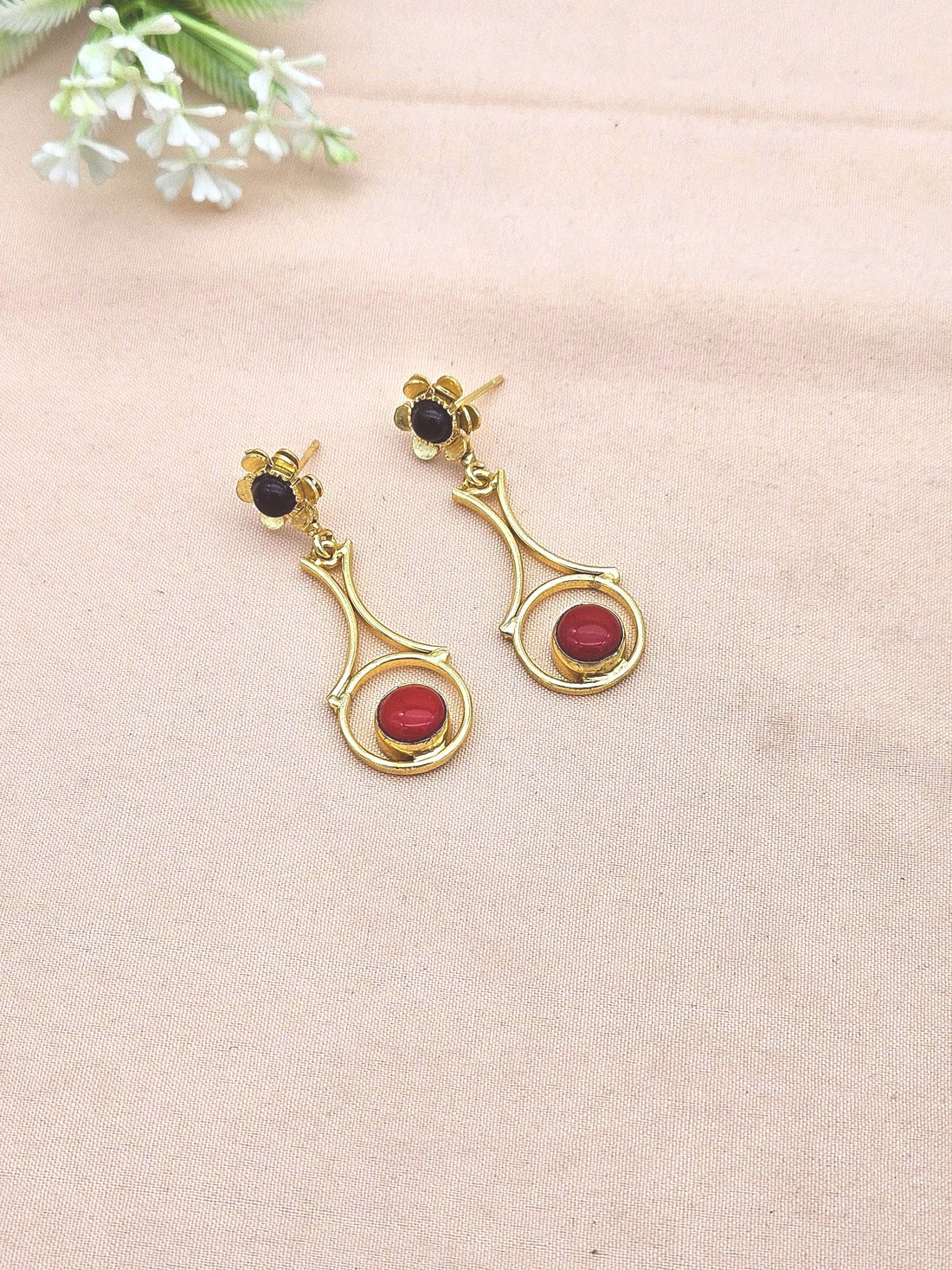 Gold Plated Brass Dangle Earrings – Imitation stone Floral Design Handcrafted Jewelry