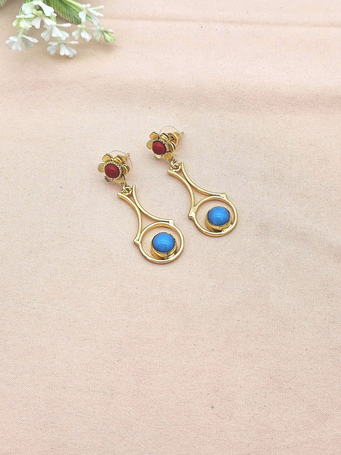Gold Plated Brass Dangle Earrings – Imitation stone Floral Design Handcrafted Jewelry