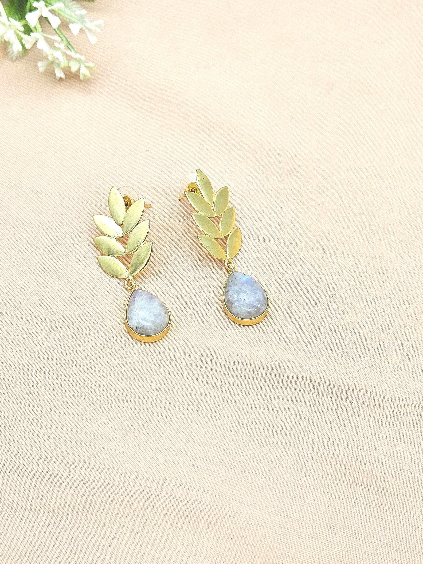 Charming Gold plated White Rainbow Semi Precious Gem Stone Cute Designer light Weight Dangle Drop Earrings