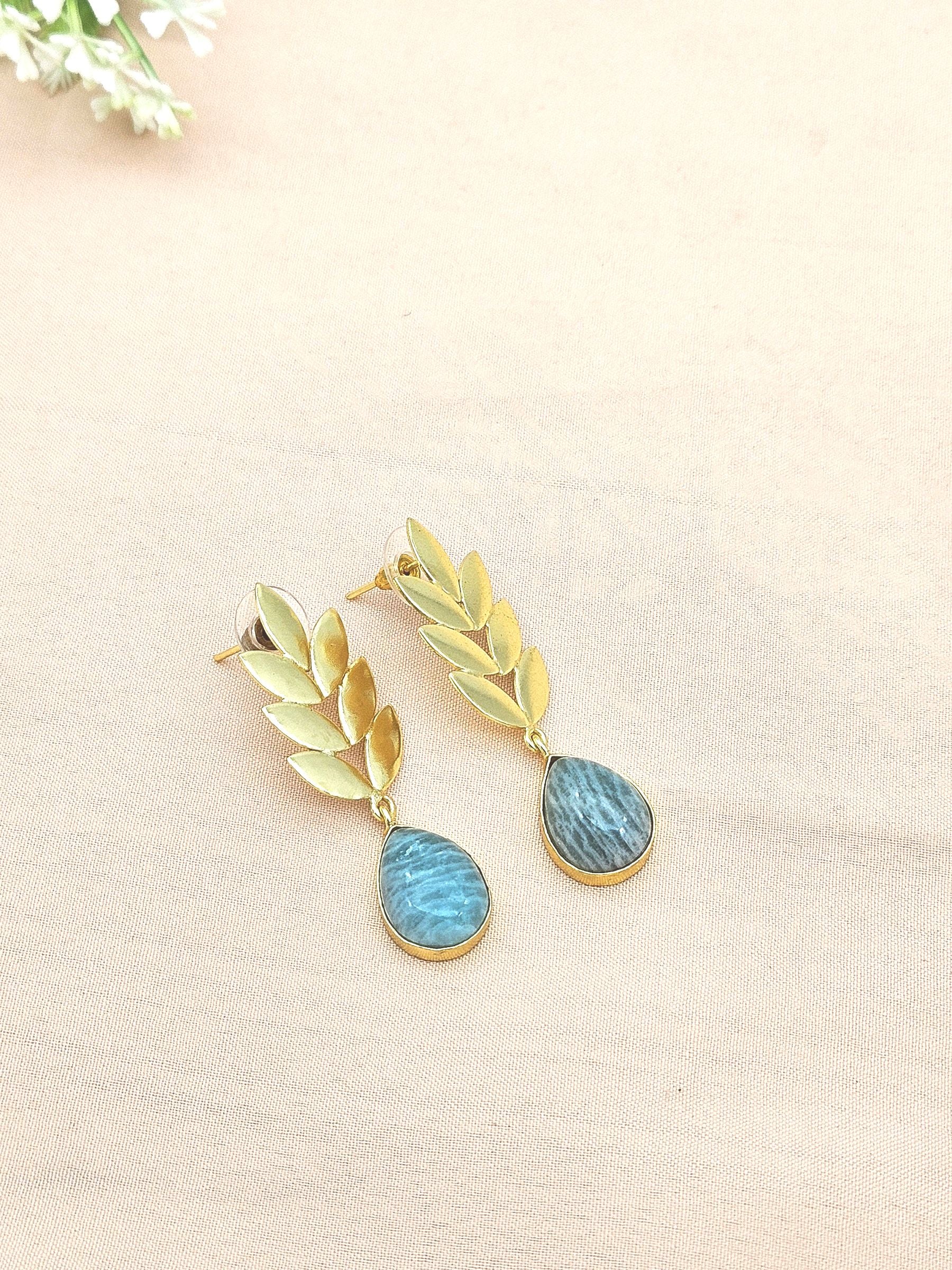 Charming Gold plated Amazonite Semi Precious Gem Stone Cute Designer light Weight Dangle Drop Earrings