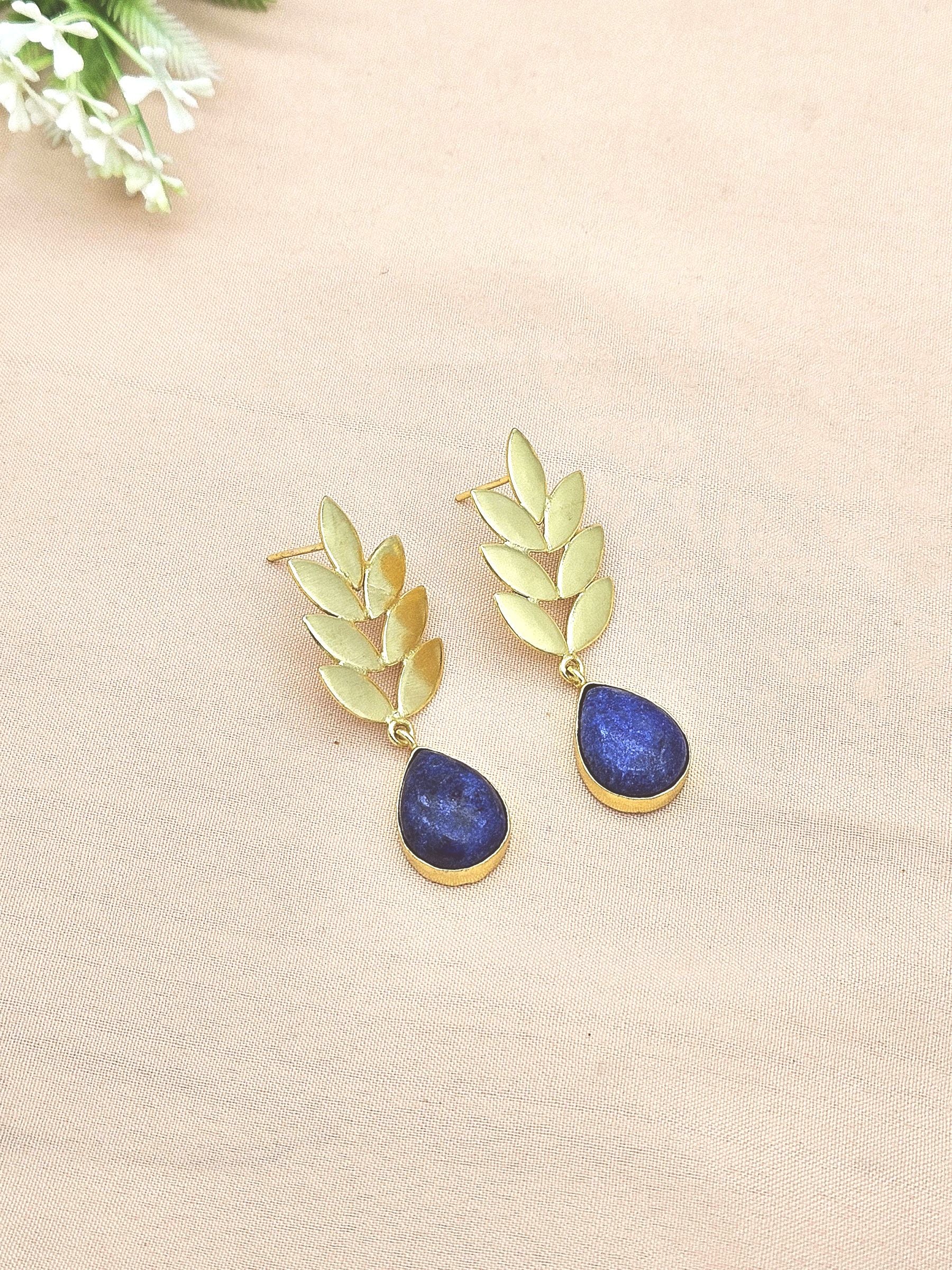 Charming Gold plated Lapis Semi Precious Gem Stone Cute Designer light Weight Dangle Drop Earrings
