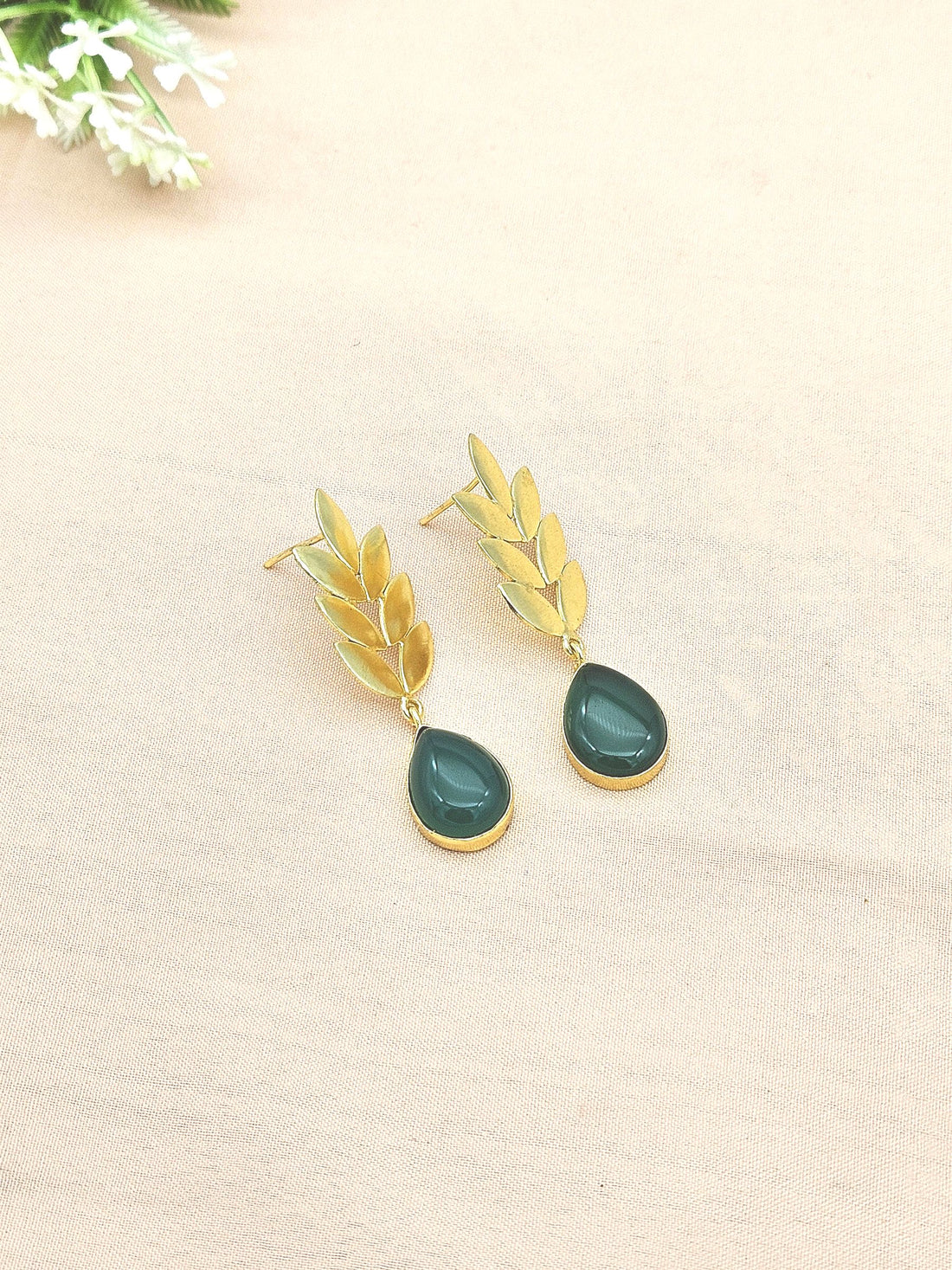 Charming Gold plated Green Onyx Semi Precious Gem Stone Cute Designer light Weight Dangle Drop Earrings