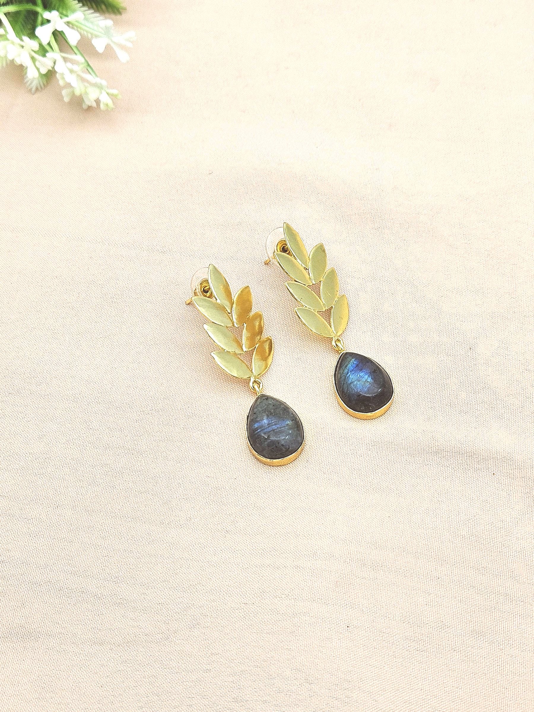 Charming Gold plated Labradorite Semi Precious Gem Stone Cute Designer light Weight Dangle Drop Earrings