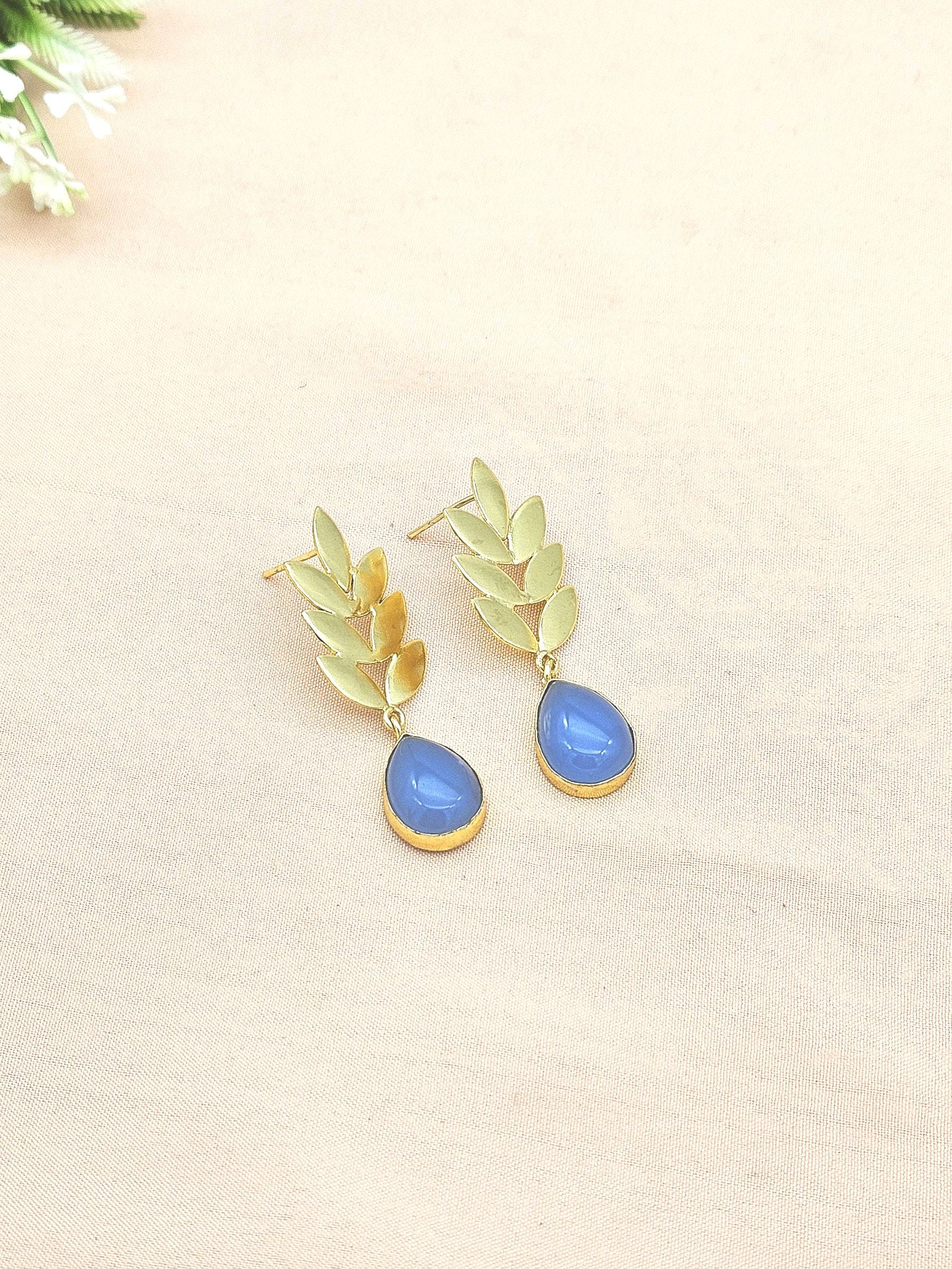 Charming Gold plated Blue Chalcedony Semi Precious Gem Stone Cute Designer light Weight Dangle Drop Earrings