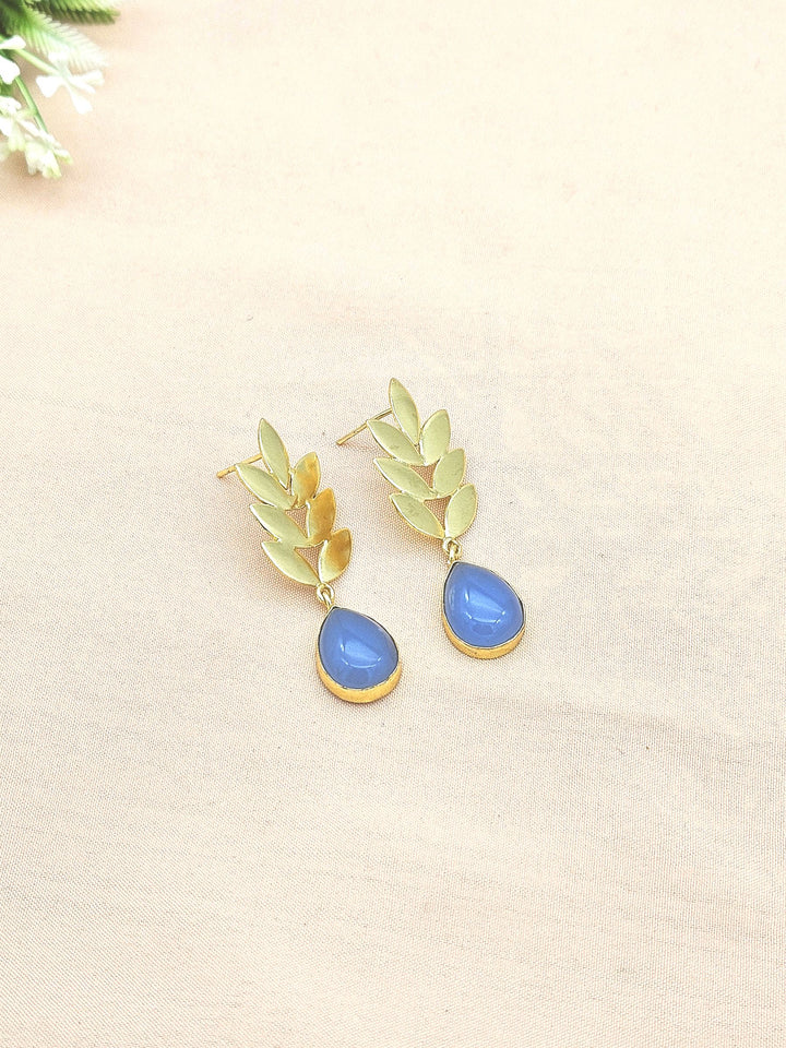 Charming Gold plated Blue Chalcedony Semi Precious Gem Stone Cute Designer light Weight Dangle Drop Earrings