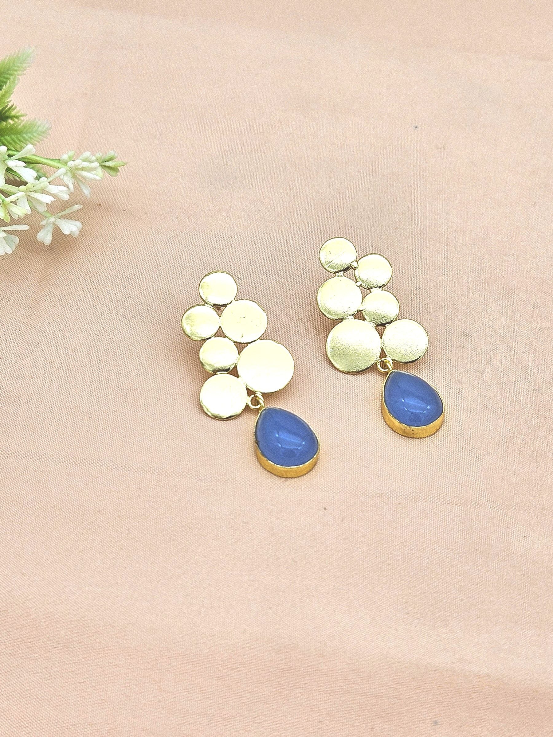 Gorgeous Gold plated Blue Chalcedony Semi Precious Gem Stone Awesome Designer light Weight Dangle Drop Earring