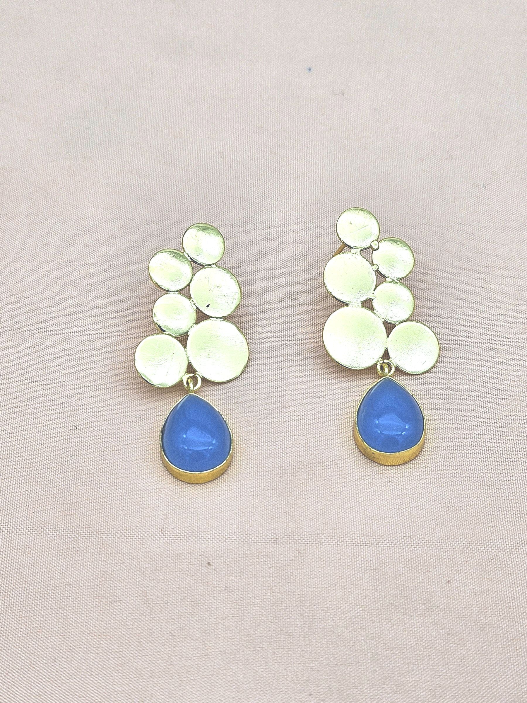 Gorgeous Gold plated Blue Chalcedony Semi Precious Gem Stone Awesome Designer light Weight Dangle Drop Earring