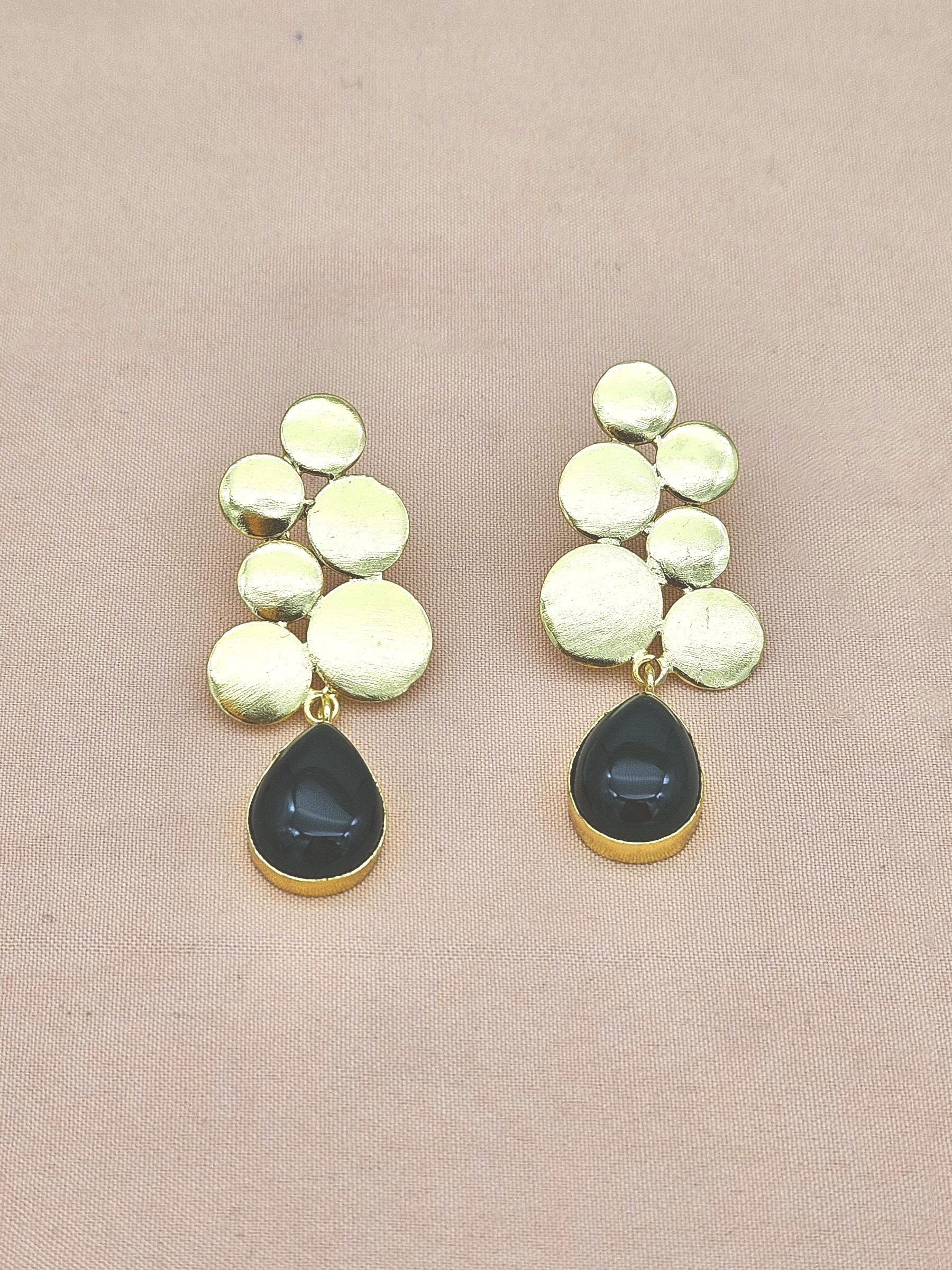 Gorgeous Gold plated White Green Onyx Gem Stone Designer light Weight Dangle Drop Earrings