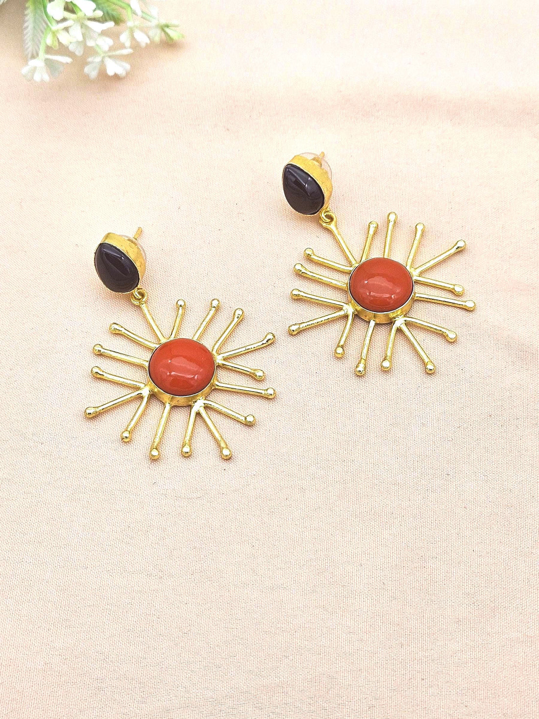 Gold Plated Brass Dangle Earrings –  Semi Precious Stone Handcrafted Jewelry