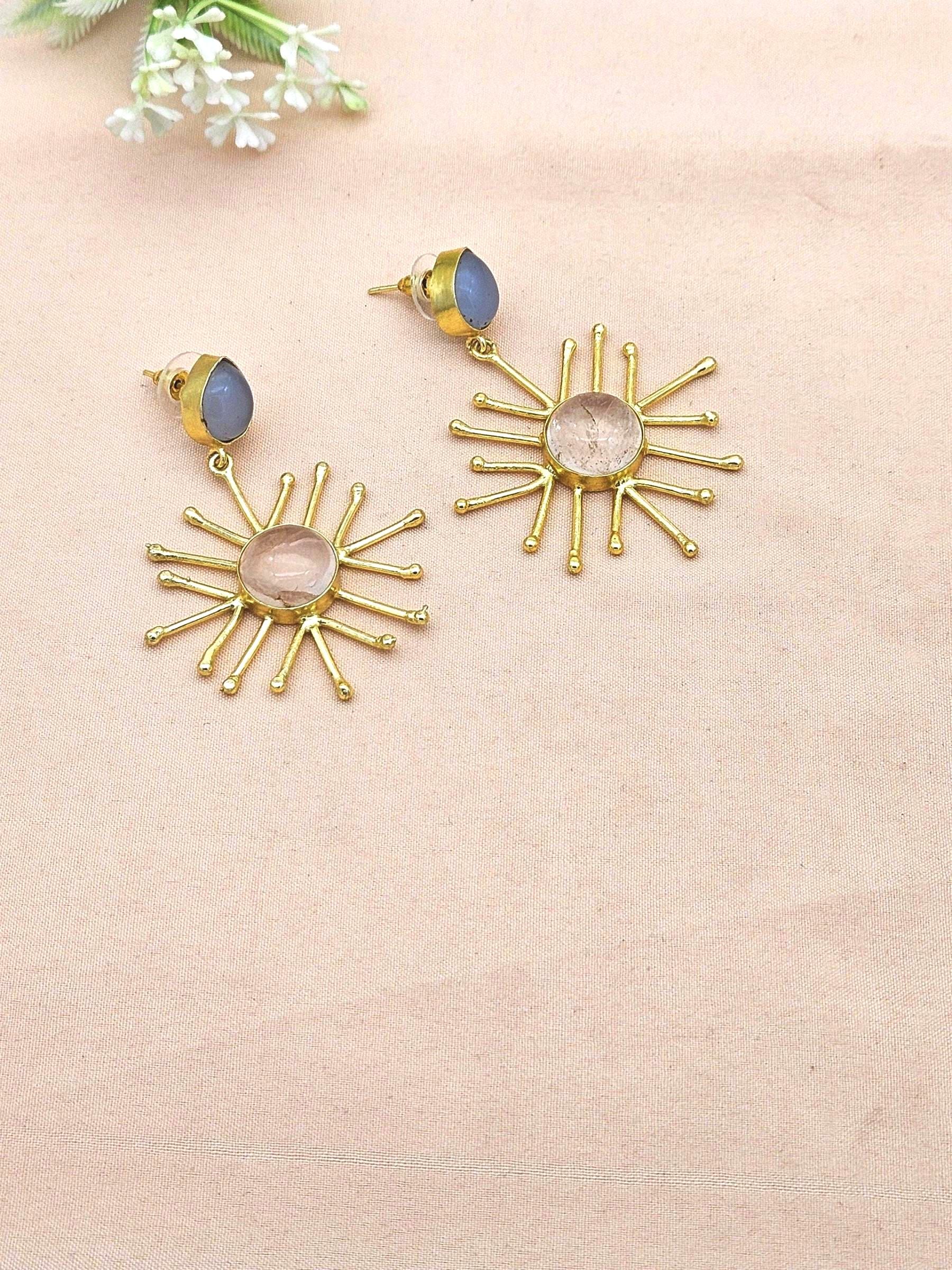 Gold Plated Brass Dangle Earrings –  Semi Precious Stone Handcrafted Jewelry