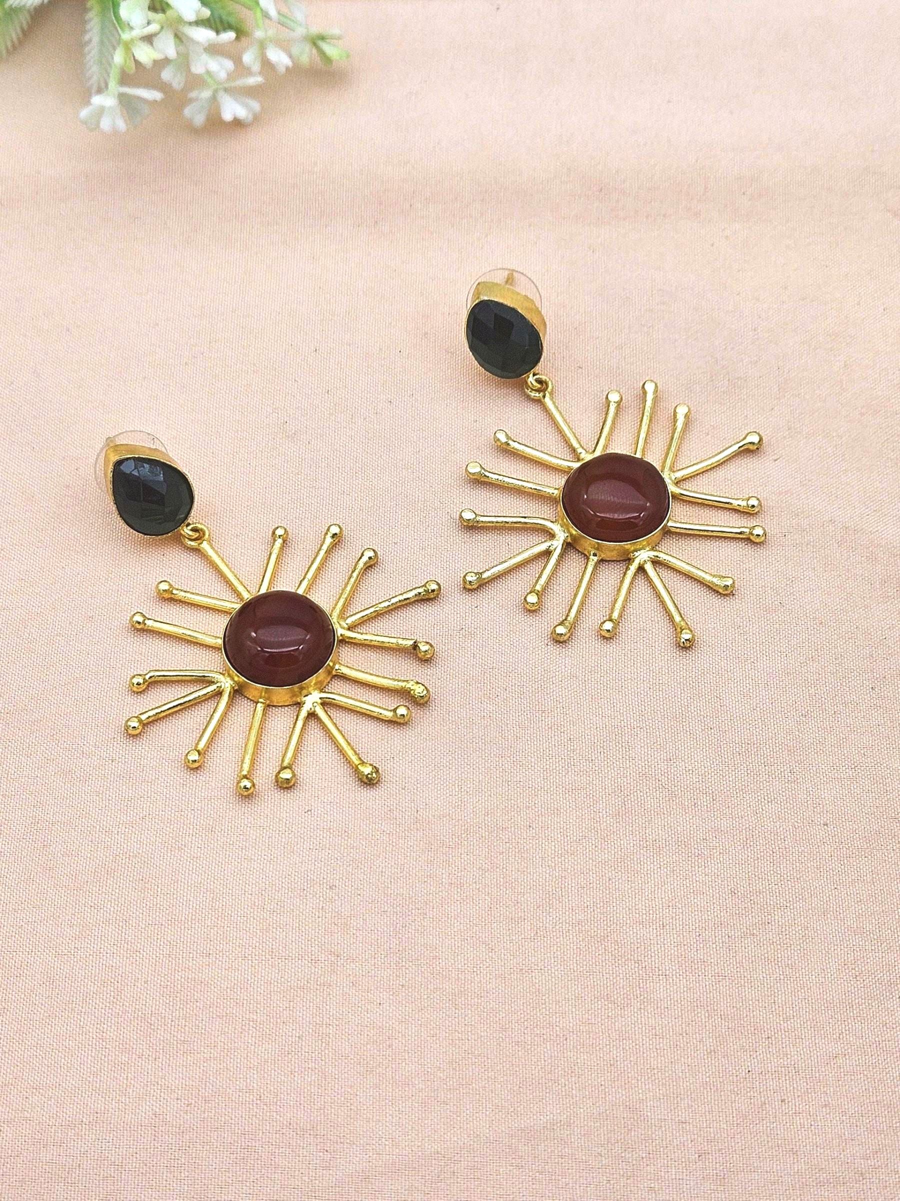 Gold Plated Brass Dangle Earrings –  Semi Precious Stone Handcrafted Jewelry