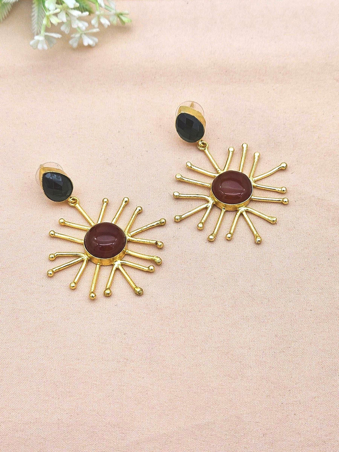 Gold Plated Brass Dangle Earrings –  Semi Precious Stone Handcrafted Jewelry