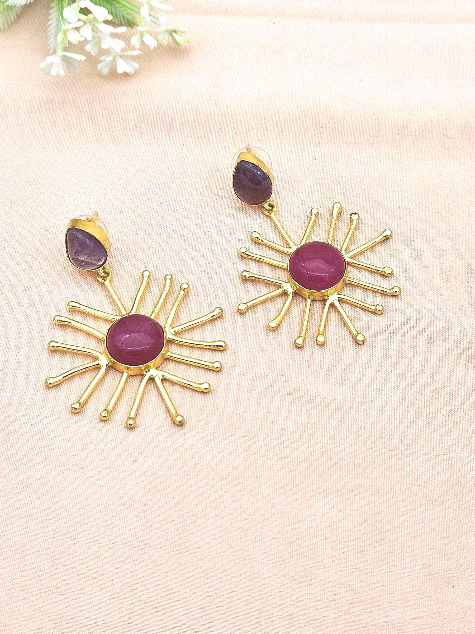 Gold Plated Brass Dangle Earrings –  Semi Precious Stone Handcrafted Jewelry