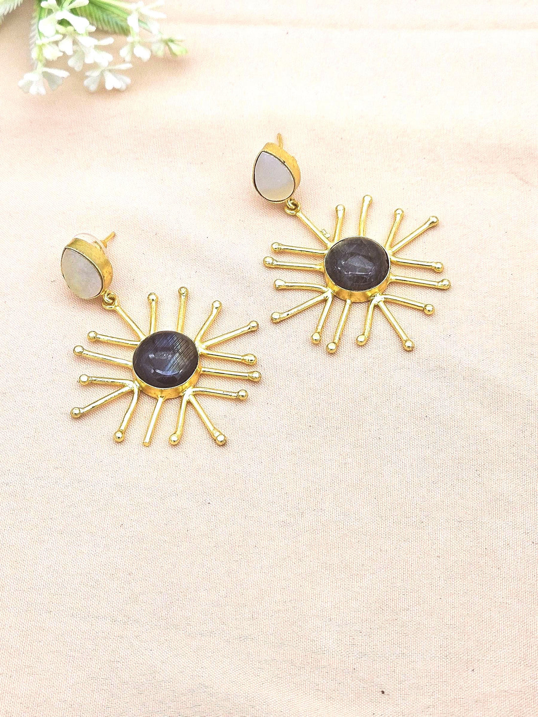 Gold Plated Brass Dangle Earrings –  Semi Precious Stone Handcrafted Jewelry