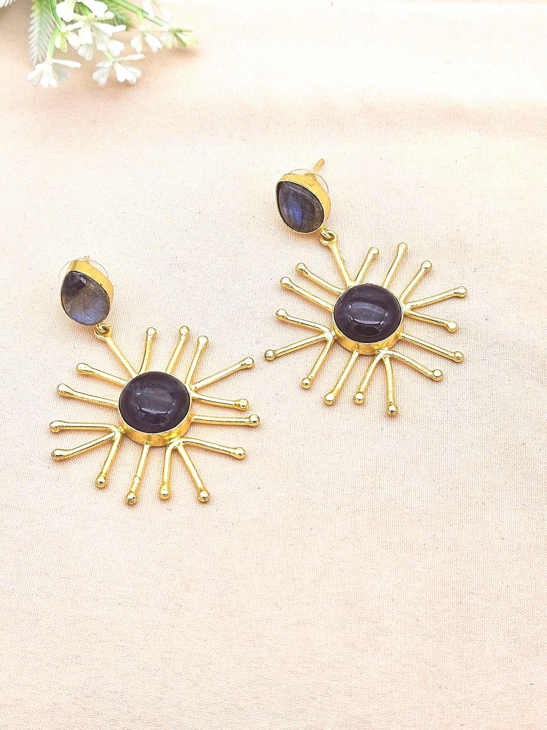 Gold Plated Brass Dangle Earrings –  Semi Precious Stone Handcrafted Jewelry