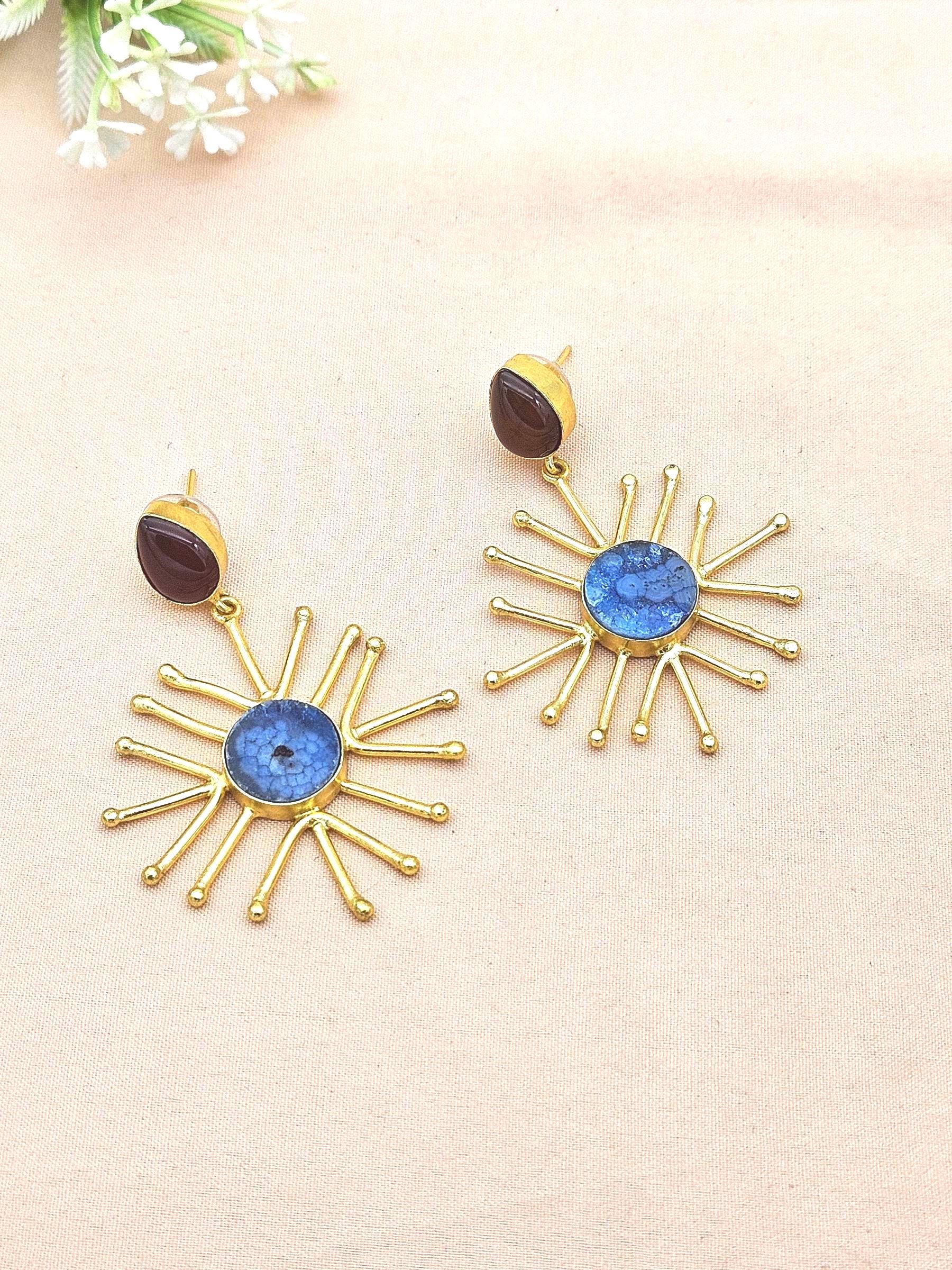 Gold Plated Brass Dangle Earrings –  Semi Precious Stone Handcrafted Jewelry