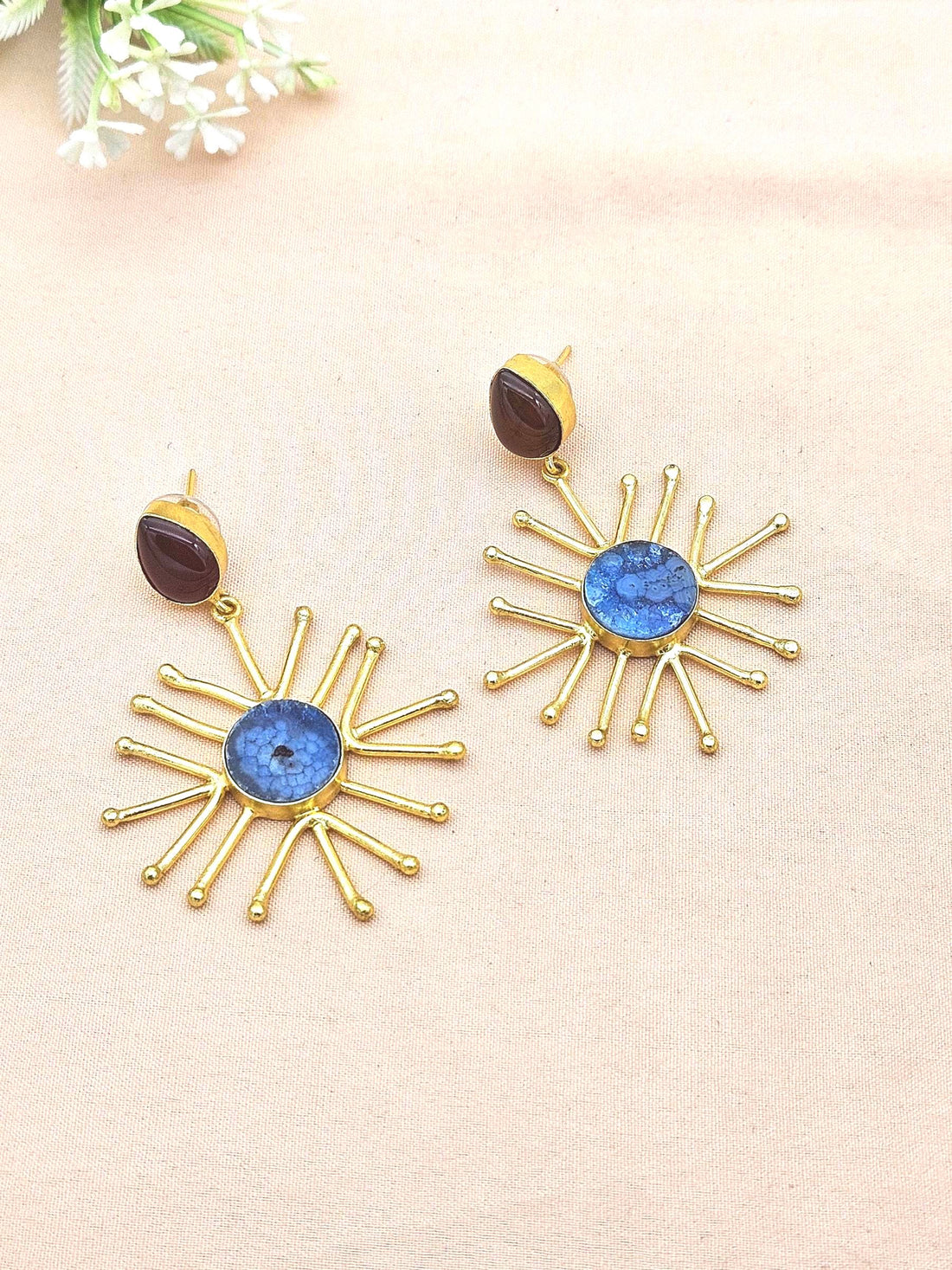 Gold Plated Brass Dangle Earrings –  Semi Precious Stone Handcrafted Jewelry