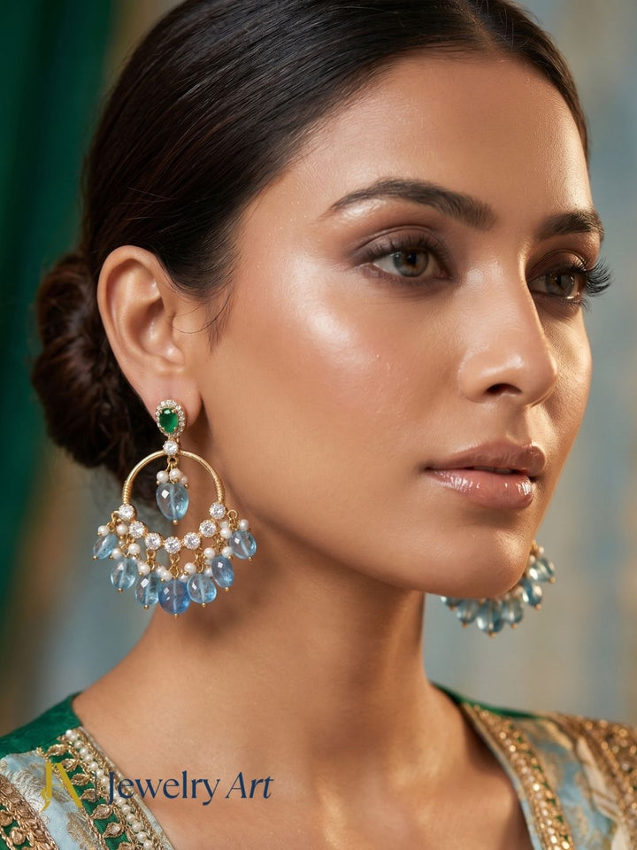 Elegant fashion portrait featuring Moissanite green hydro quartz earrings
