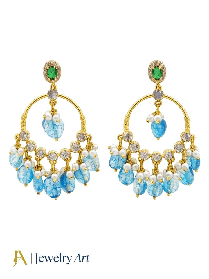 Designer antique gold Moissanite earrings with green hydro quartz and pearl beads
