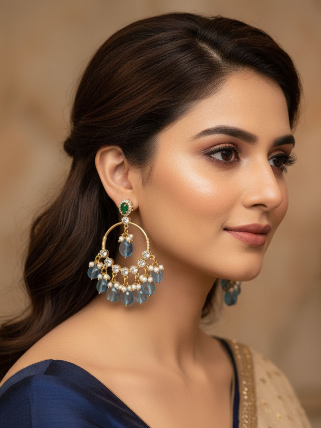 Elegant Antique Gold AD-Moissanite-Green Hydro Quartz-Light Blue Jade Beads-pearl  Light Weight Dangle Earring