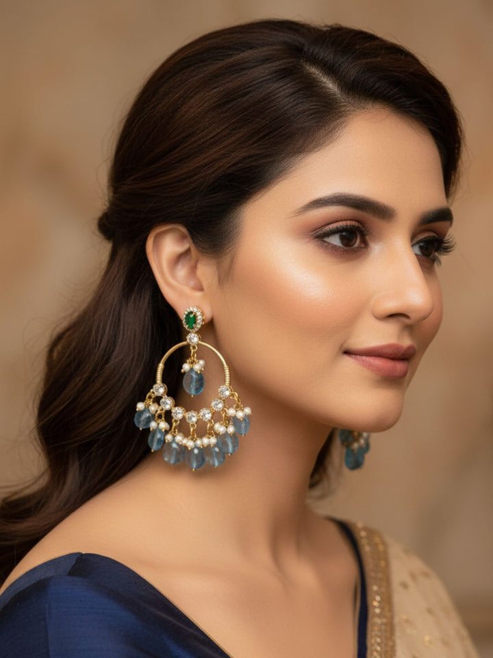 Elegant Antique Gold AD-Moissanite-Green Hydro Quartz-Light Blue Jade Beads-pearl  Light Weight Dangle Earring