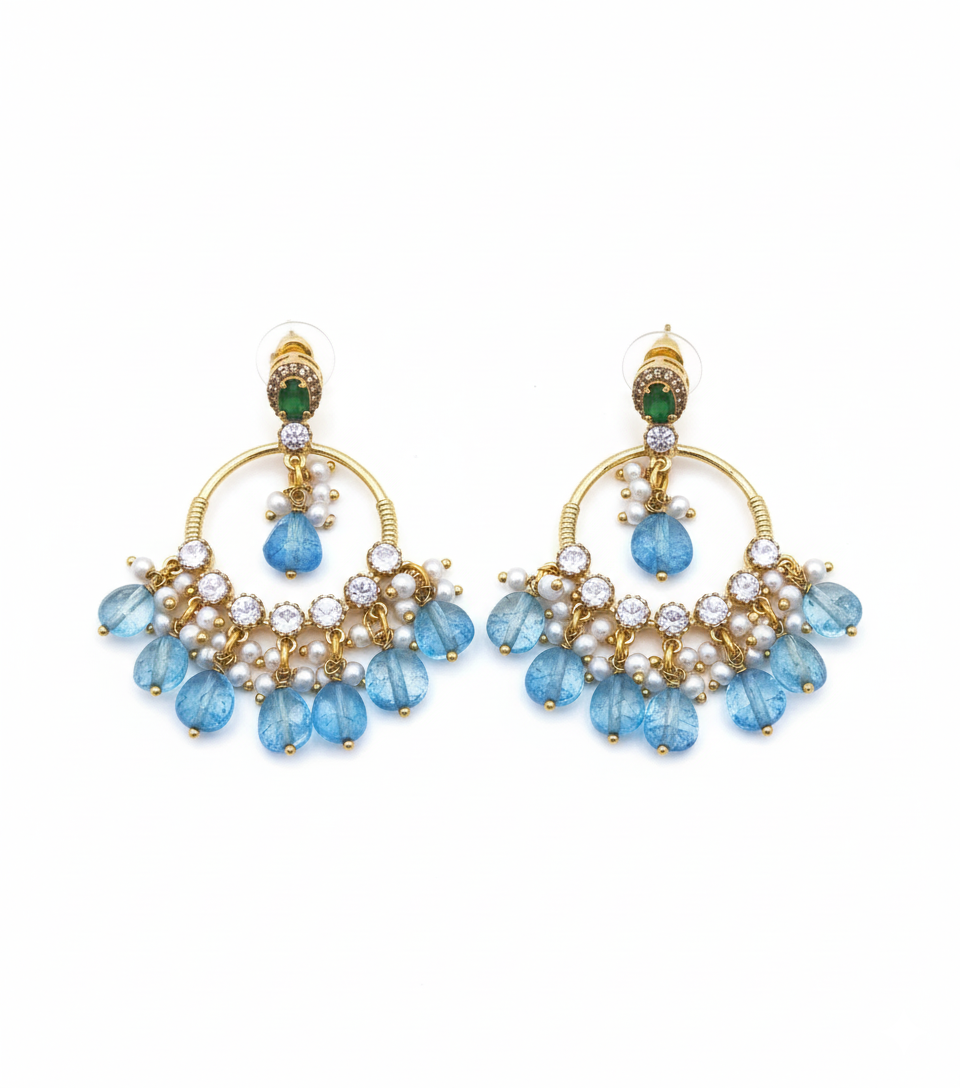 Elegant Antique Gold AD-Moissanite-Green Hydro Quartz-Light Blue Jade Beads-pearl  Light Weight Dangle Earring