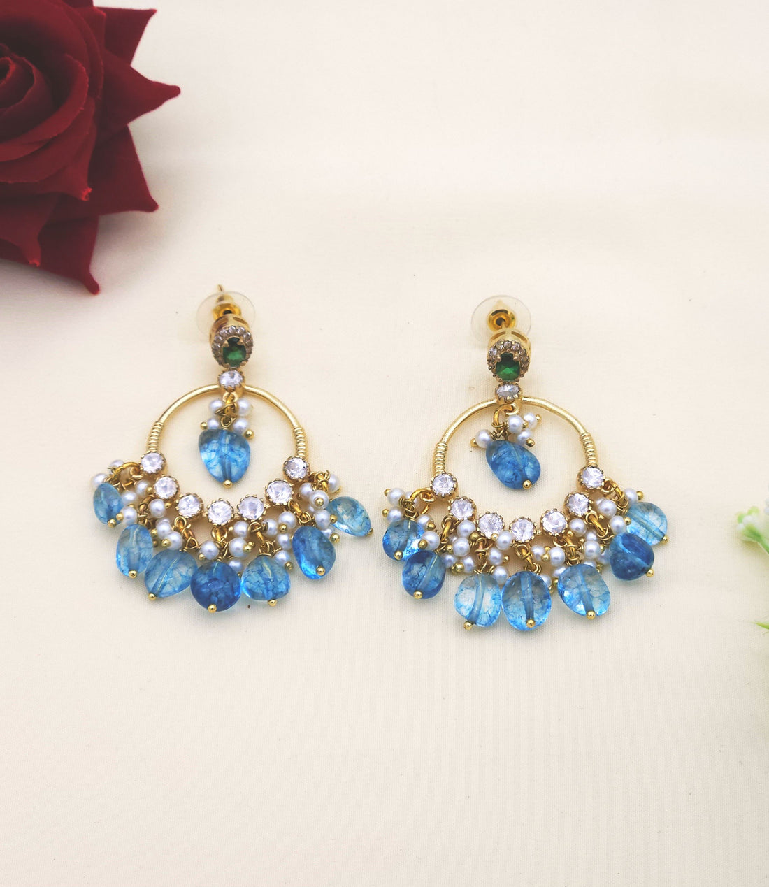 Elegant Antique Gold AD-Moissanite-Green Hydro Quartz-Light Blue Jade Beads-pearl  Light Weight Dangle Earring